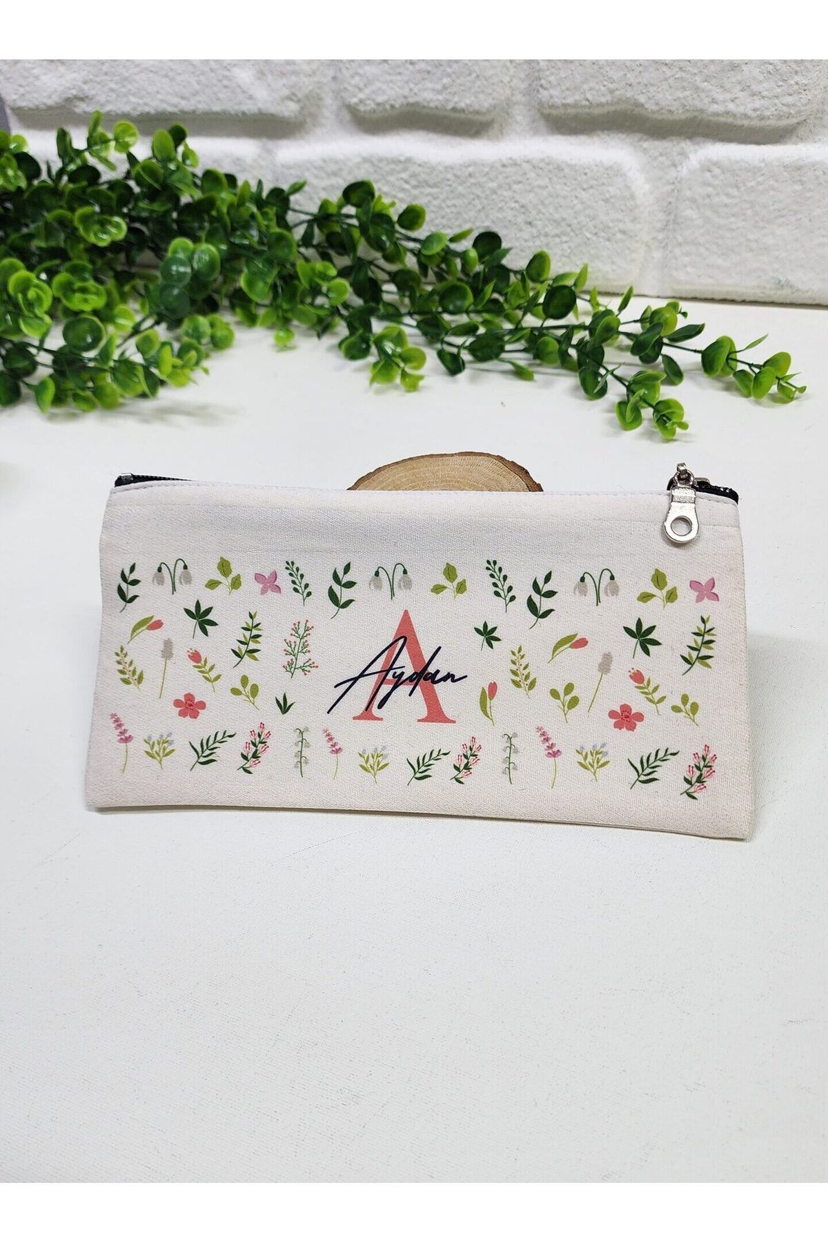 happy mountains Kişiye Özel İsimli Kalemlik Yeşil Yaprak Desenli Kişiye Özel Kalemlik Baskılı Bez Mini Organizer