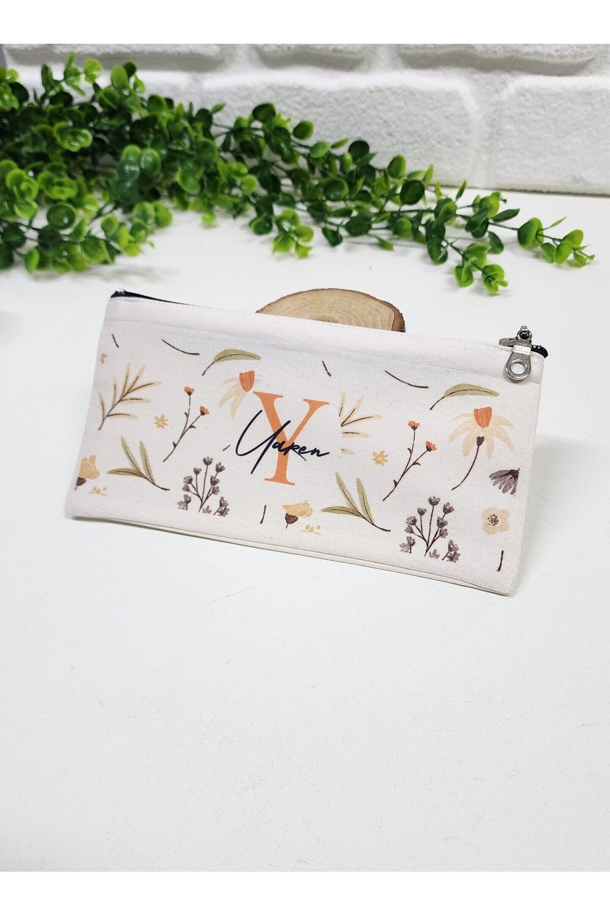 happy mountains Kişiye Özel İsimli Kalemlik Yaprak ve Lale Desenli Kişiye Özel Kalemlik Baskılı Bez Mini Organizer