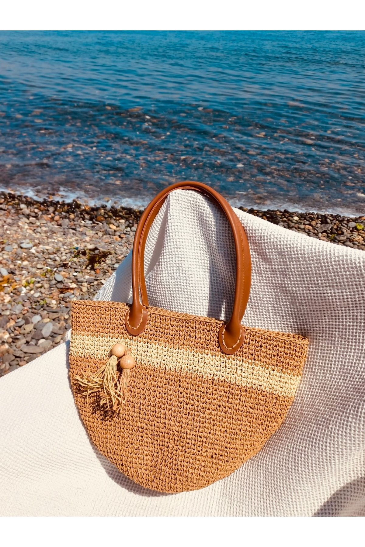 Beril Yamaç Design Studio Cream Shopper Örgü Çanta / Hasır Çanta / Rafya Çanta / Yazlık Çanta / Bohem Çanta / Kağıt Ip Çanta