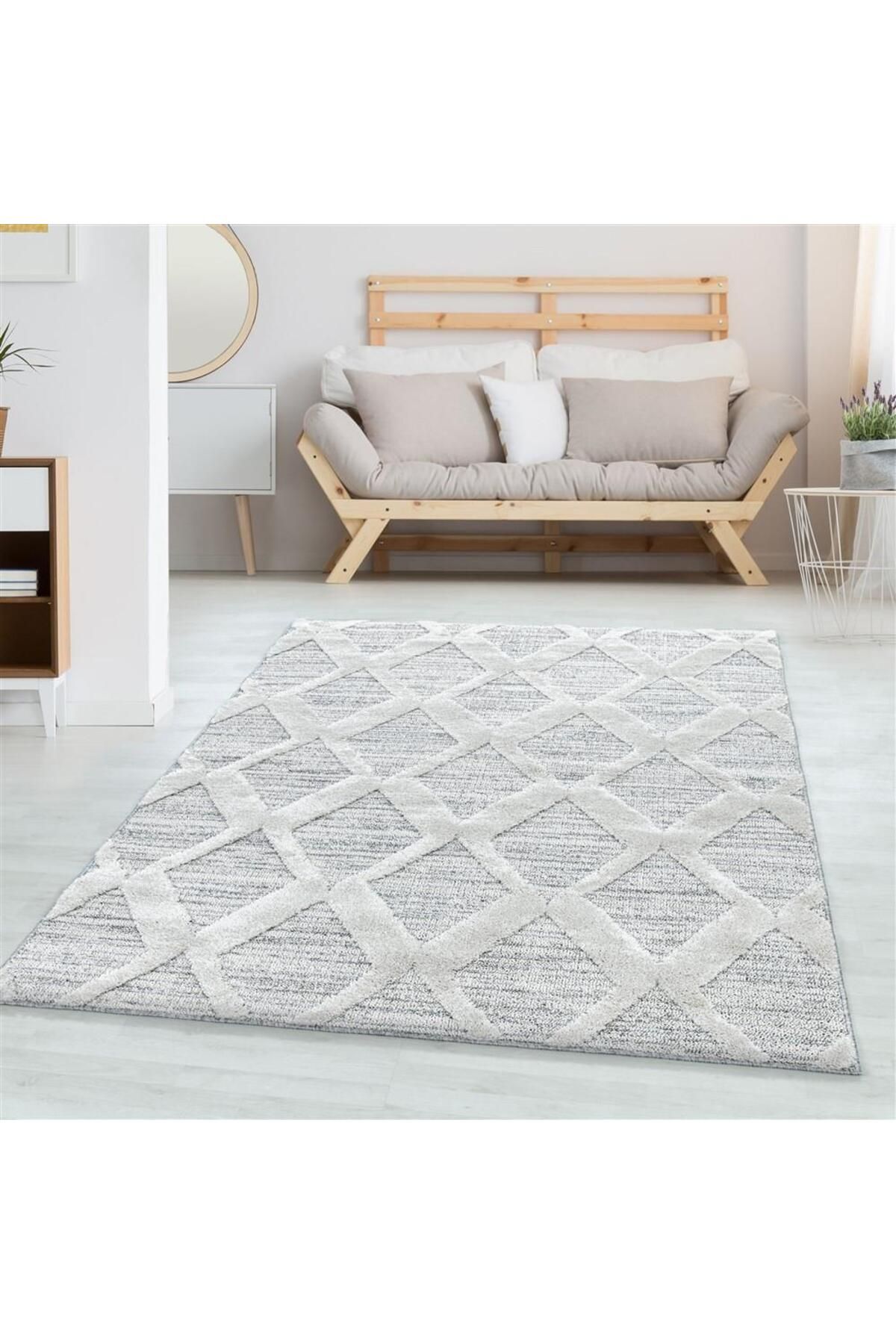 Karpetica İskandinav Salon Halısı Bukle Taban kabartmalı ızgara Zigzak desenli Gri Dokuma Halı