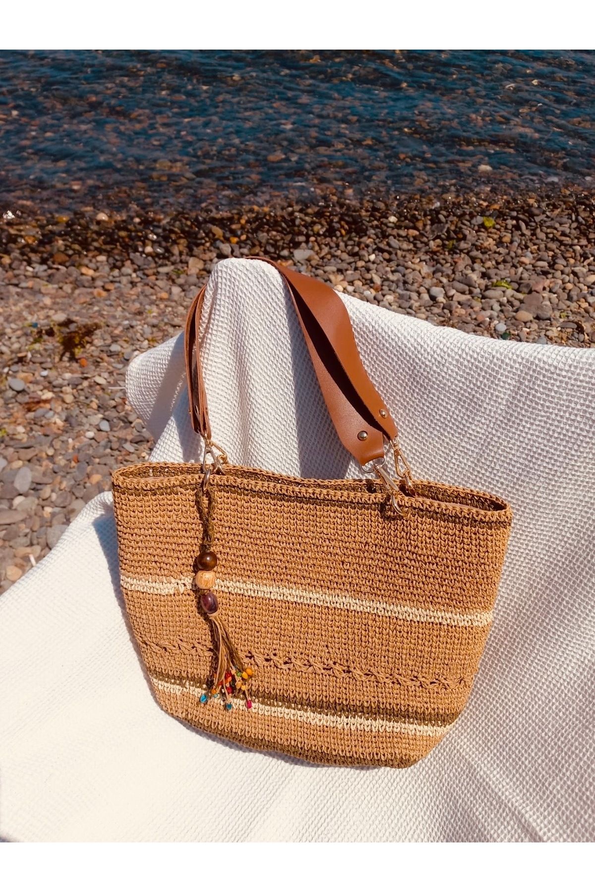 Beril Yamaç Design Studio Natural Shopper Örgü Çanta / Hasır Çanta / Rafya Çanta / Yazlık Çanta / Bohem Çanta / Kağıt Ip Çanta