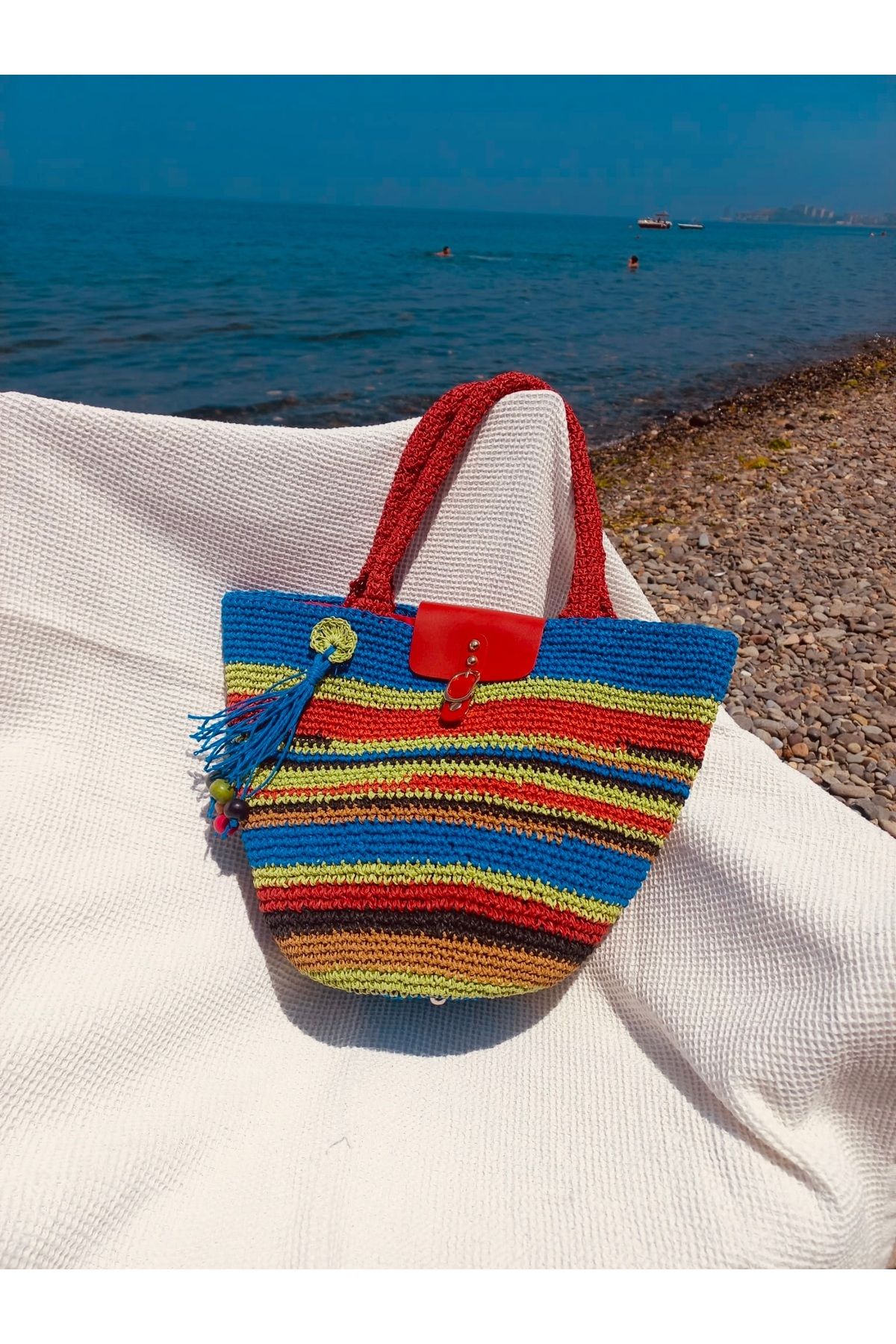 Beril Yamaç Design Studio Red Shopper Örgü Çanta / Hasır Çanta / Rafya Çanta / Yazlık Çanta / Bohem Çanta / Kağıt Ip Çanta