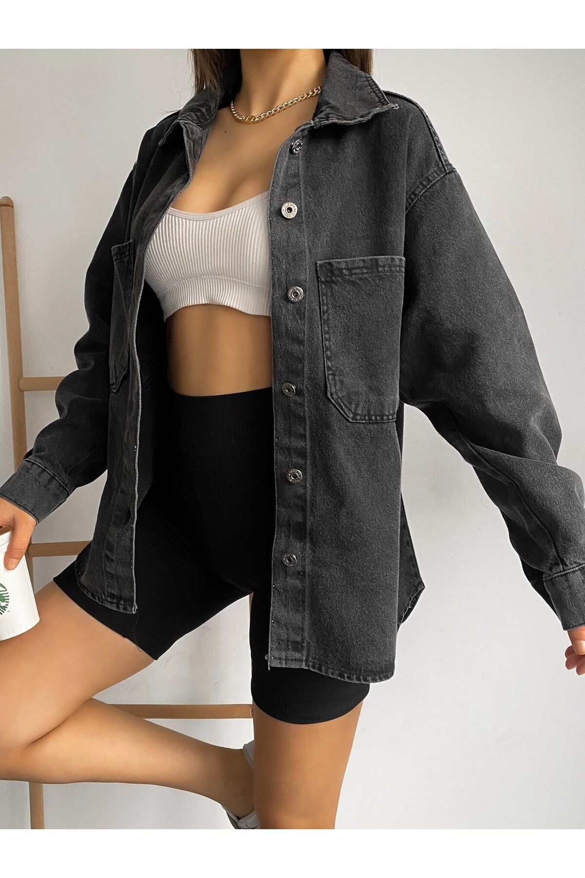 stelol Çift Cepli Oversize Denim Gömlek Ceket