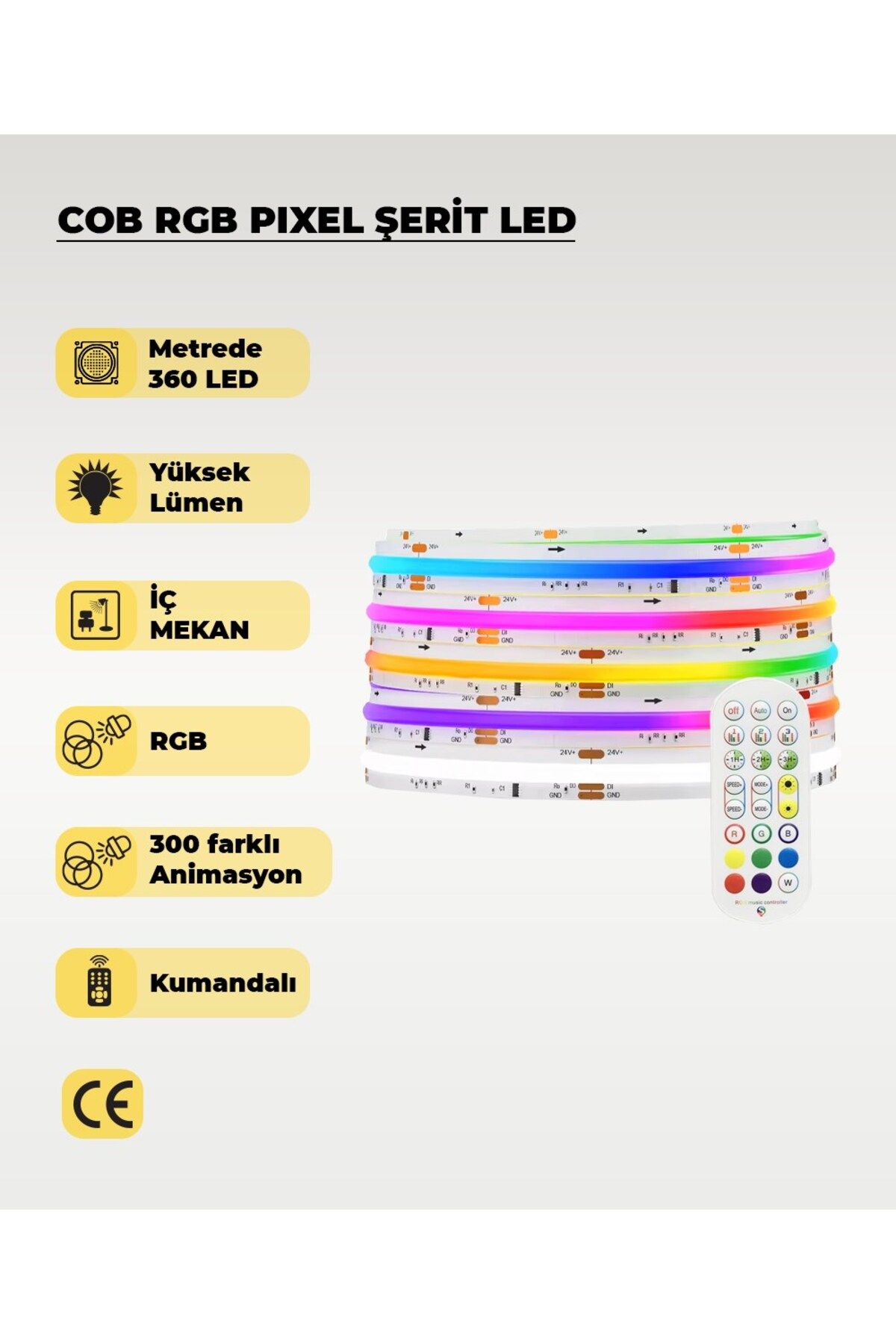 AC AYDINLATMA COB RGB Pixel Şerit Led - Animasyonlu - Sese Duyarlı - 5 Metre (Kumandalı)