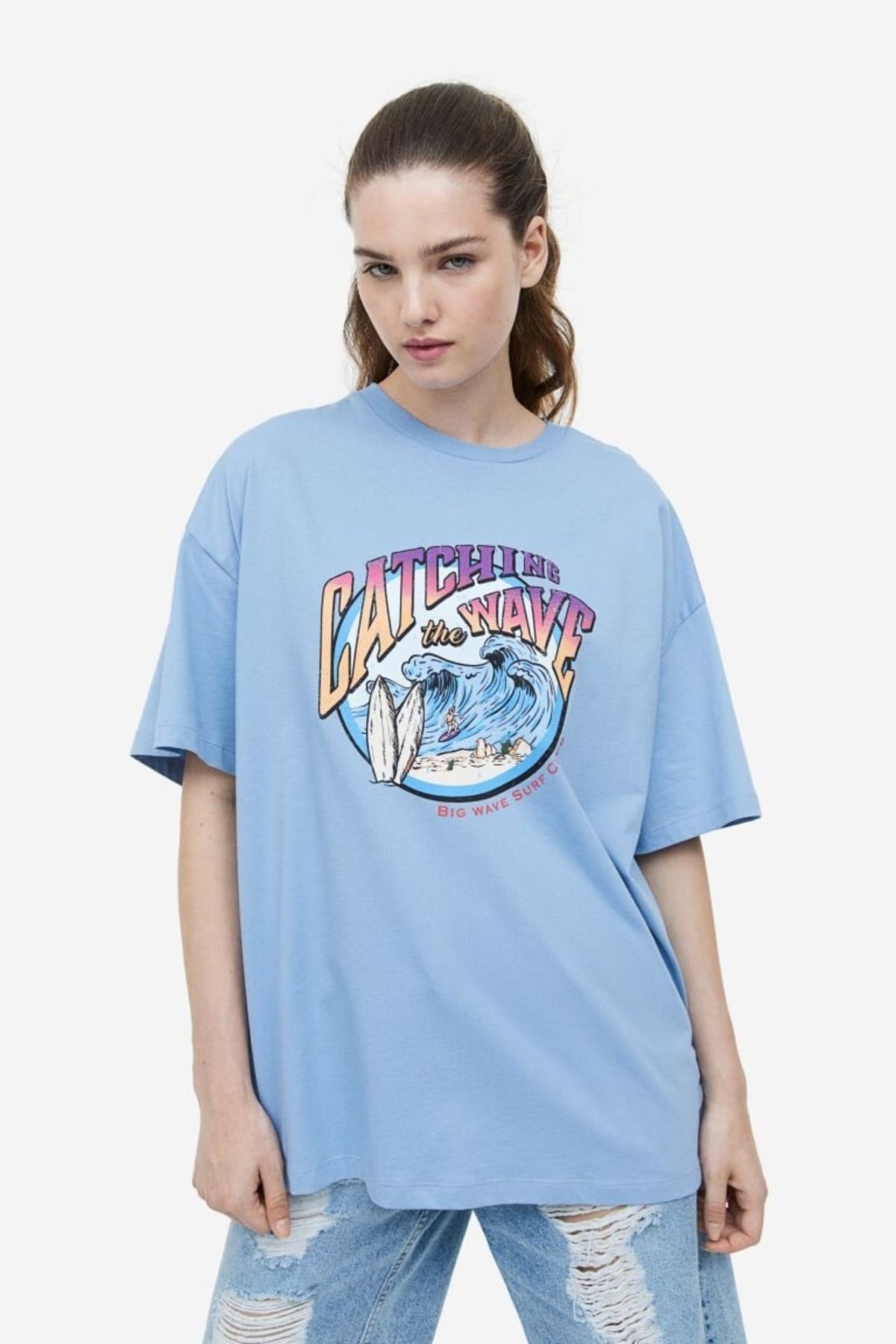 SADE Önü baskılı açık mavi oversize t-shirt
