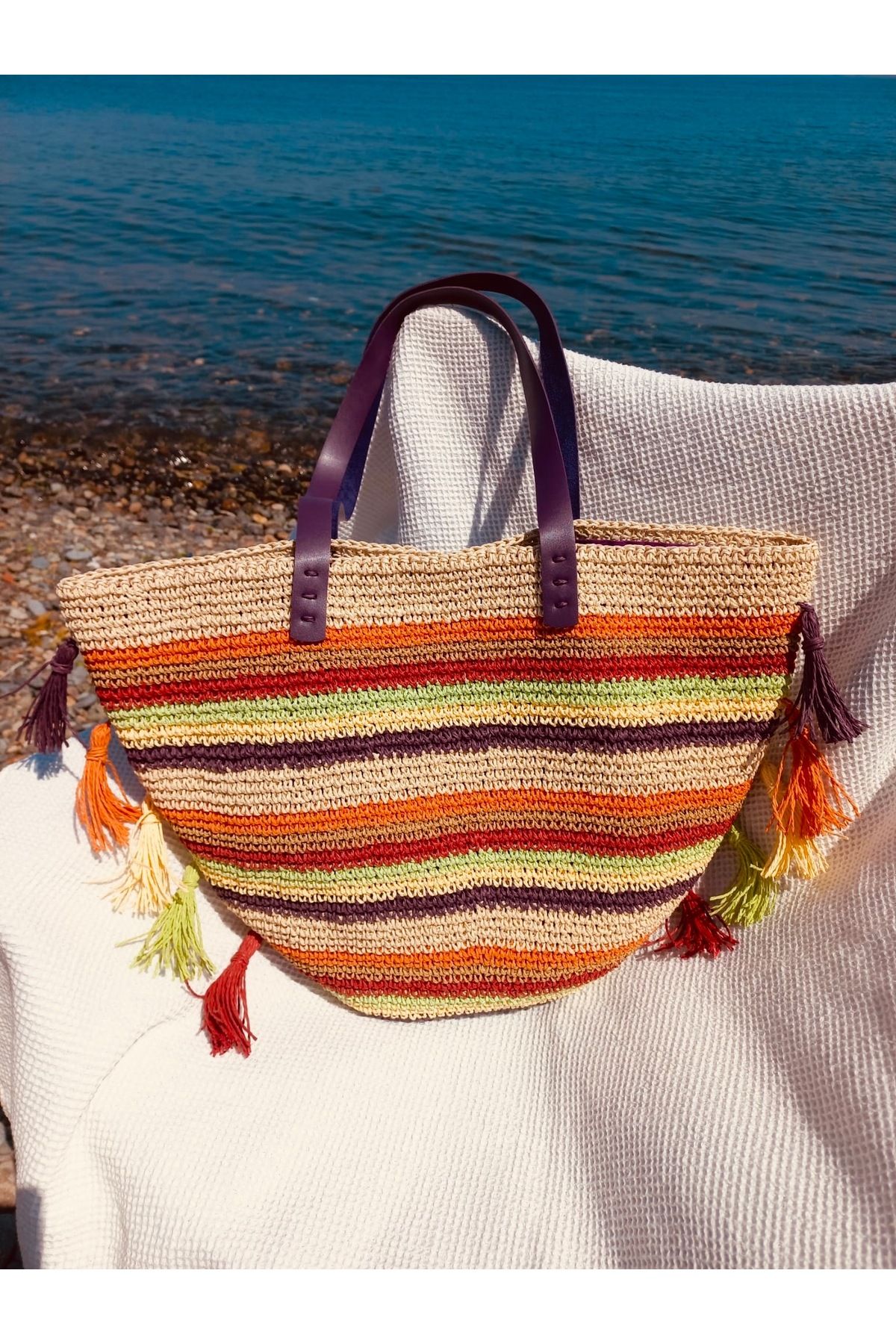 Beril Yamaç Design Studio Püskül Shopper Örgü Çanta / Hasır Çanta / Rafya Çanta / Yazlık Çanta / Bohem Çanta / Kağıt Ip Çanta