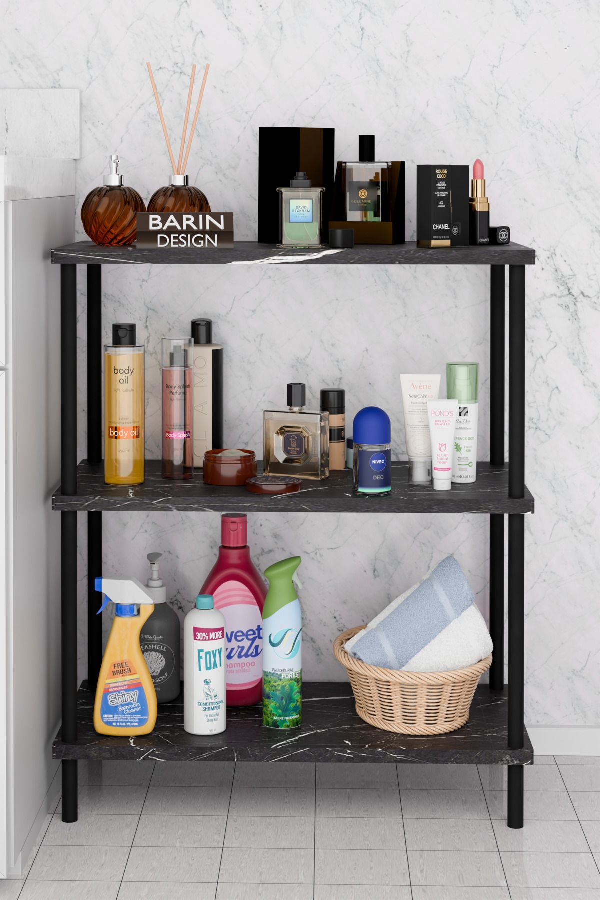 BARIN DESIGN 3 Raflı Çevir Kur Banyo Rafı Çok Amaçlı Düzenleyici Açık Raflı Dolap, Metal Gövdeli Organizer Raf