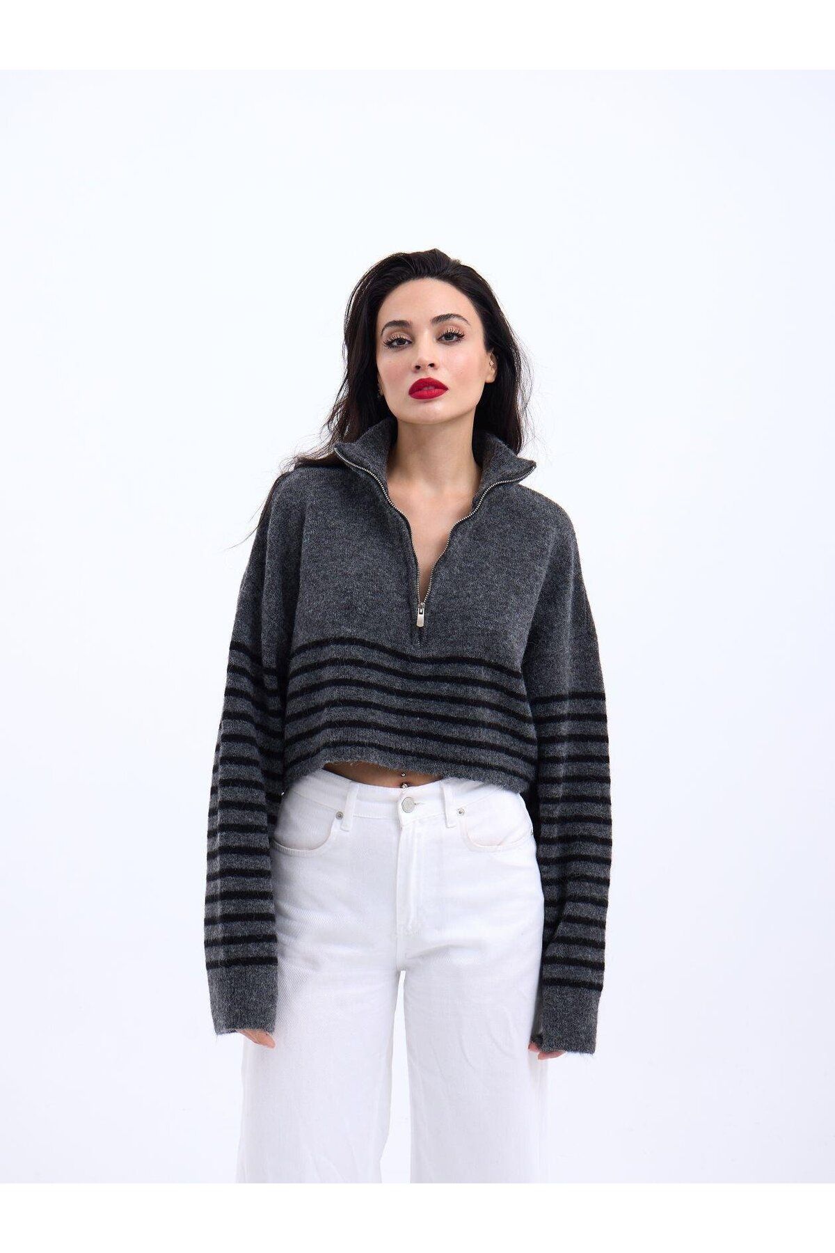 stelol 43311 TRİKO ÇİZGİLİ FERMUARLI CROP-ANTRASİT-SİYAH