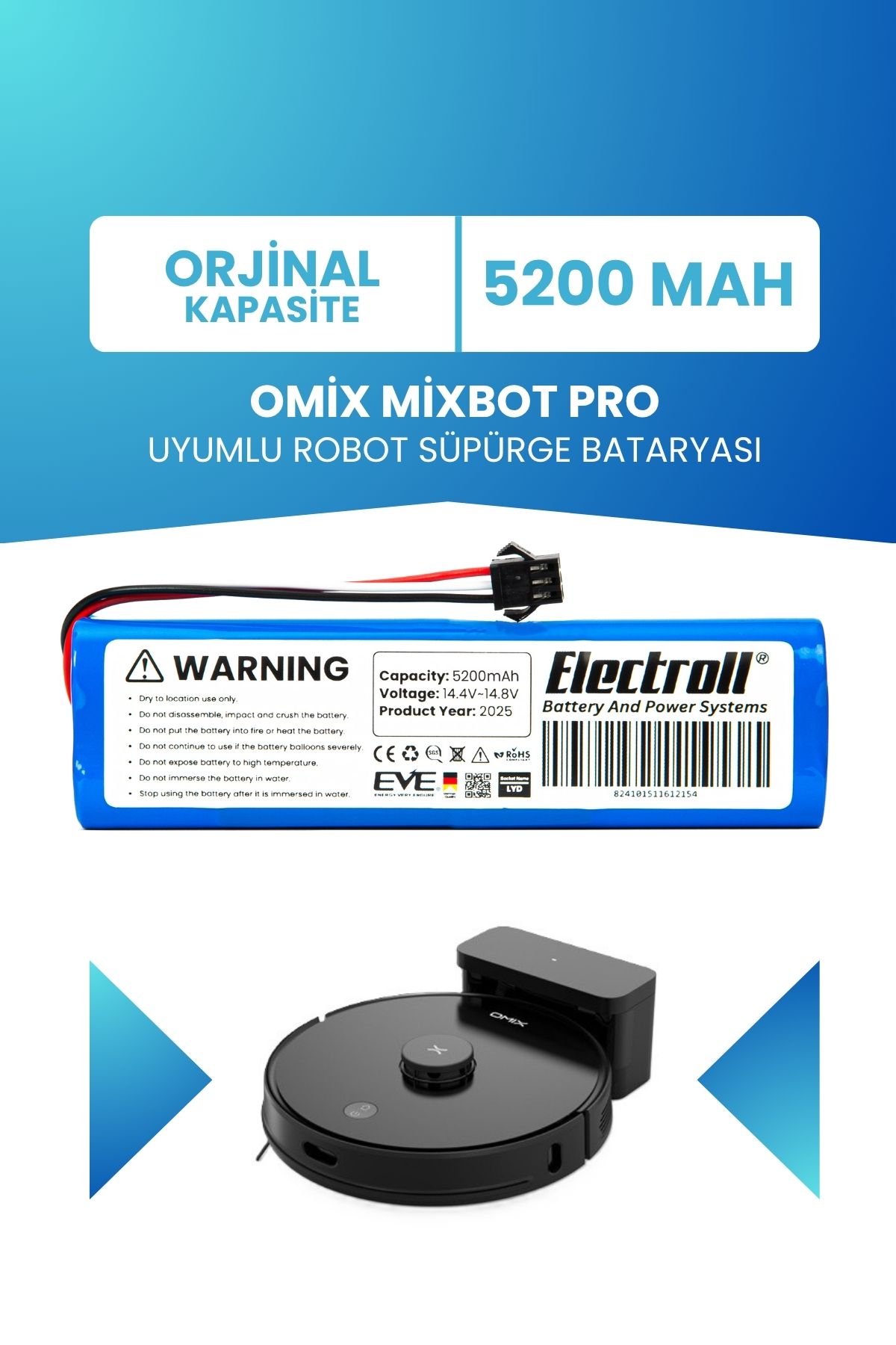 ELECTROLL Omix Mixbot Pro Uyumlu Batarya (STANDART KAPASİTE) 5200mah Pil Robot Süpürge Bataryası