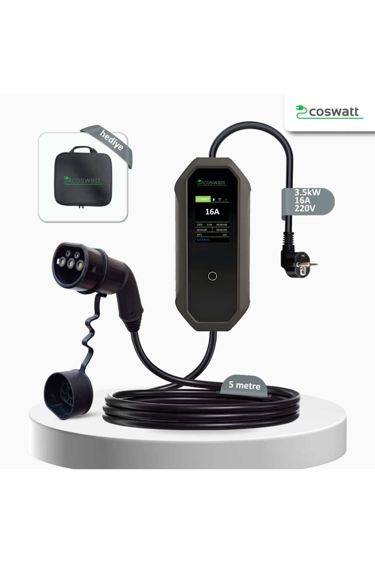 Coswatt Elektrikli Araç Taşınabilir Şarj Cihazı 3.5kW /16A /2x16A Ev Tipi Fiş/Tip-2/5m/220V AC