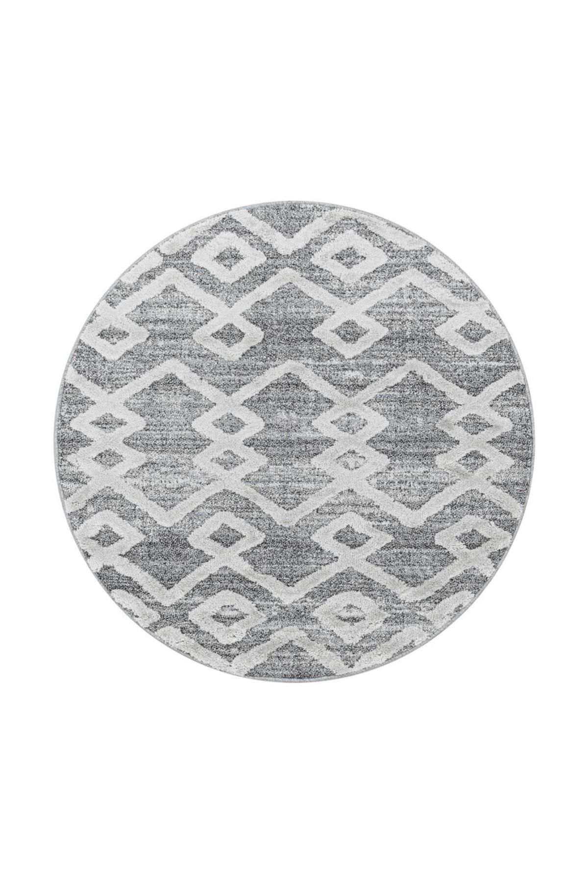 Karpetica Yuvarlak İskandinav Salon Halısı Bukle Taban kabartmalı Motif desenli Gri Dokuma Halı