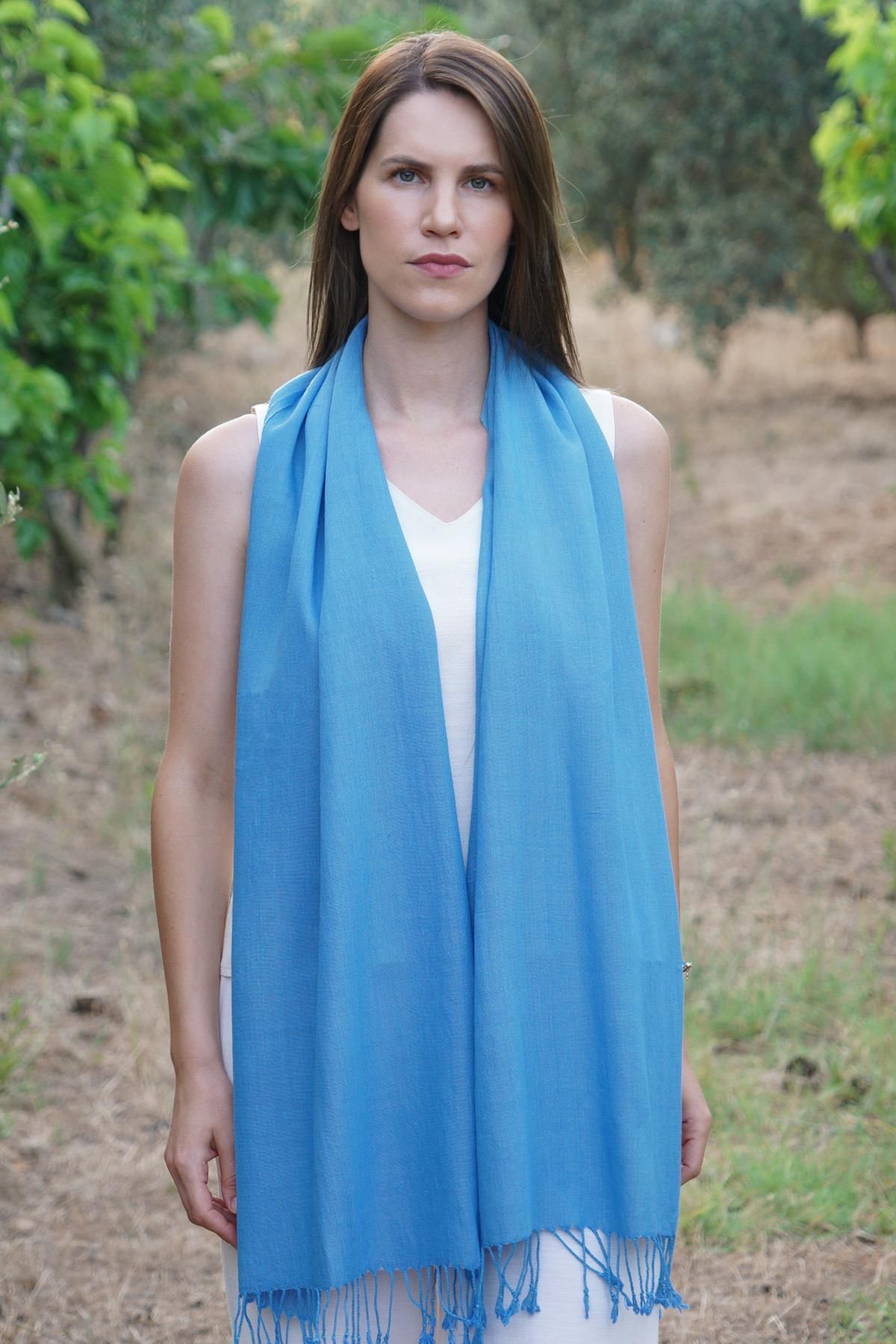 Defne&Apollon İpekçilik %100 Barış İpeği El Dokuması Fular 45 x 200 cm -Mavi