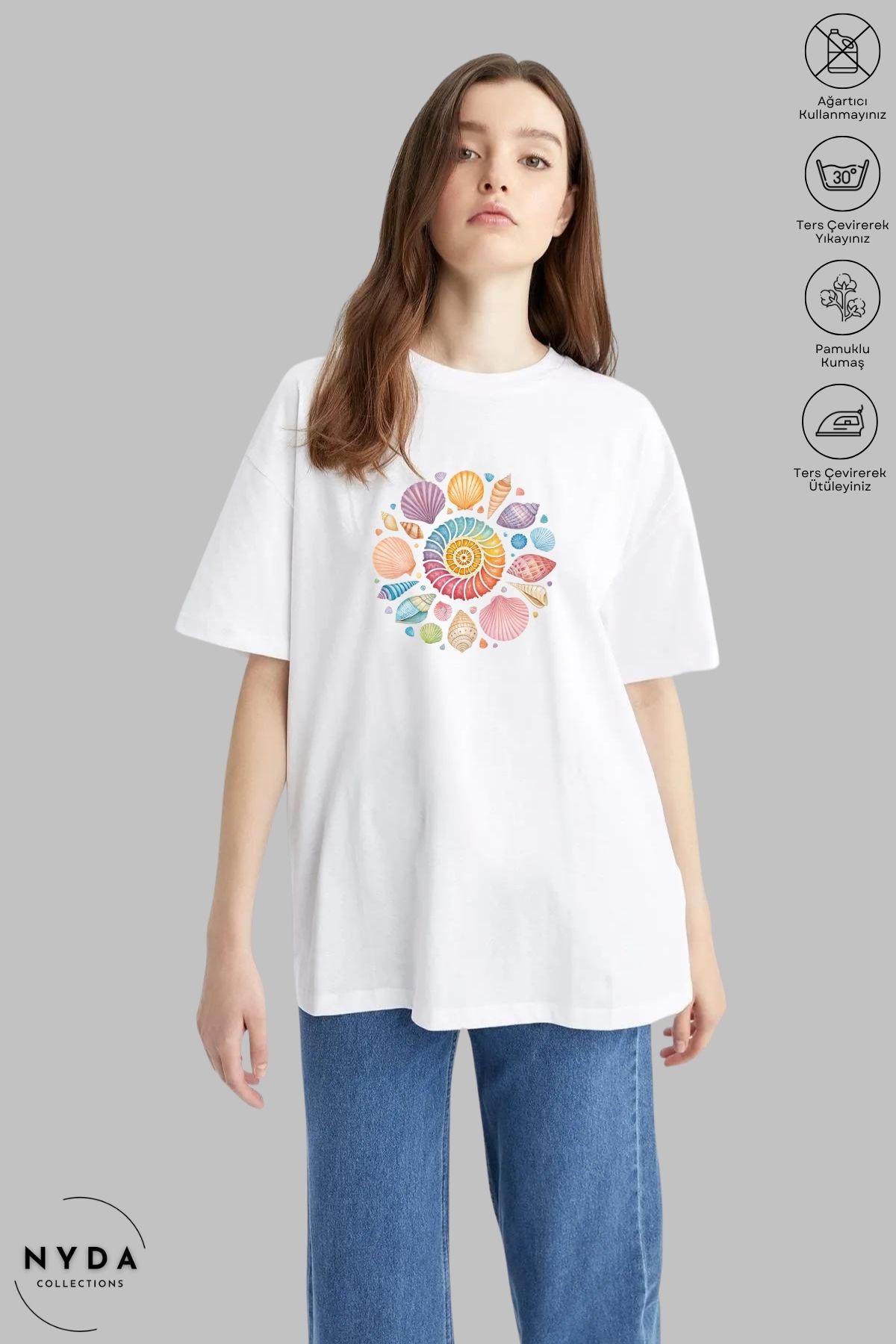 Nyda Collections Kadın Bisiklet Yaka Deniz Tema Baskılı Pamuk Oversize Kısa Kollu Tişört