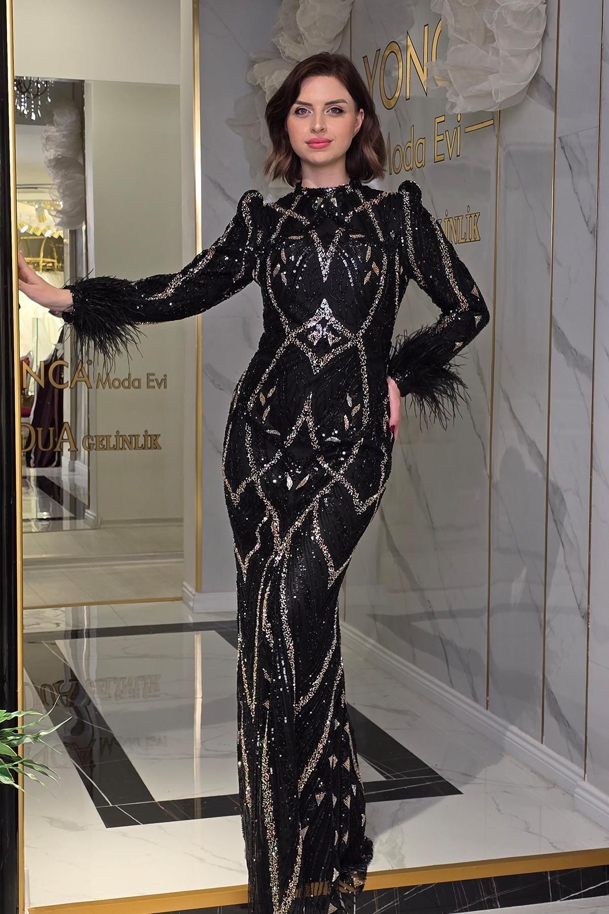 Yonca Moda Evi Siyah Cam Boncuk Tasarım Elbise 6385