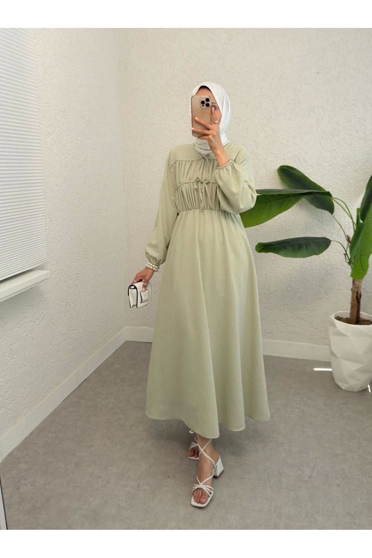 DEFNECE BUTİK Büzgülü Bağcıklı Yazlık Elbise