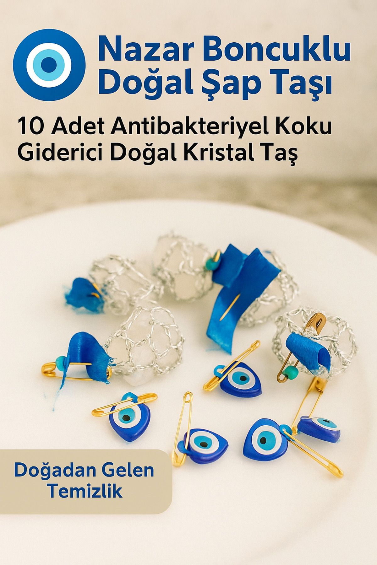 Metler Nazar Boncuklu Doğal Şap Taşı | 10 Adet Antibakteriyel Koku Giderici Doğal Kristal Taş