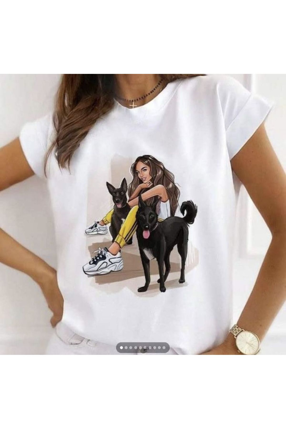 aynewmoda Yazlık tişört, kısa kollu, yuvarlak yakalı, kız ve köpek desenli