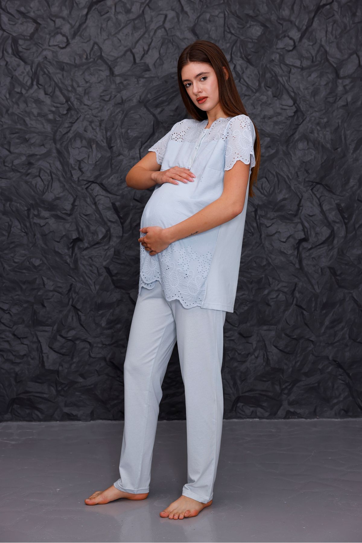 Yulem Homewear Mavi Fisto Keten Lohusa Hamile Pijama Takım