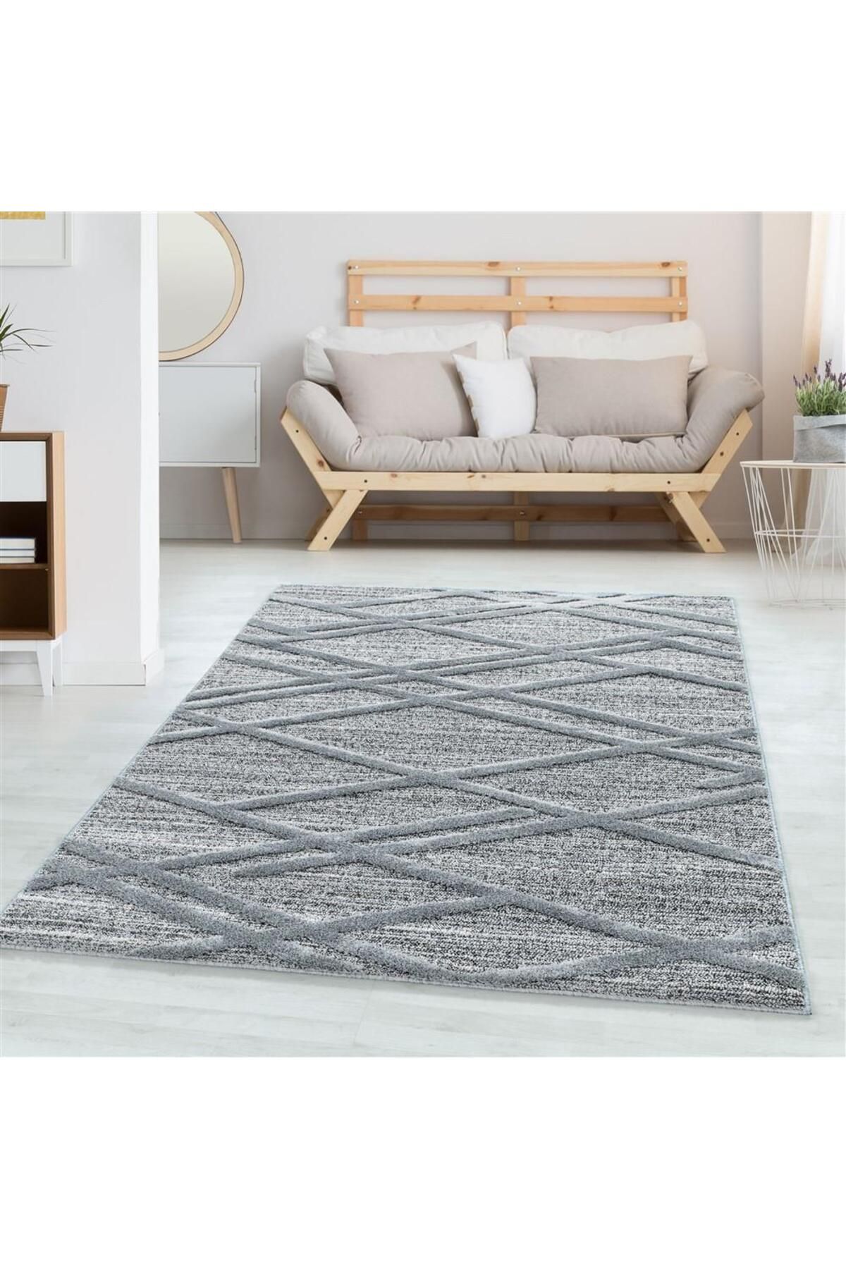 Karpetica İskandinav Salon Halısı Bukle Taban kabartmalı Çizgi desenli Gri Dokuma Halı