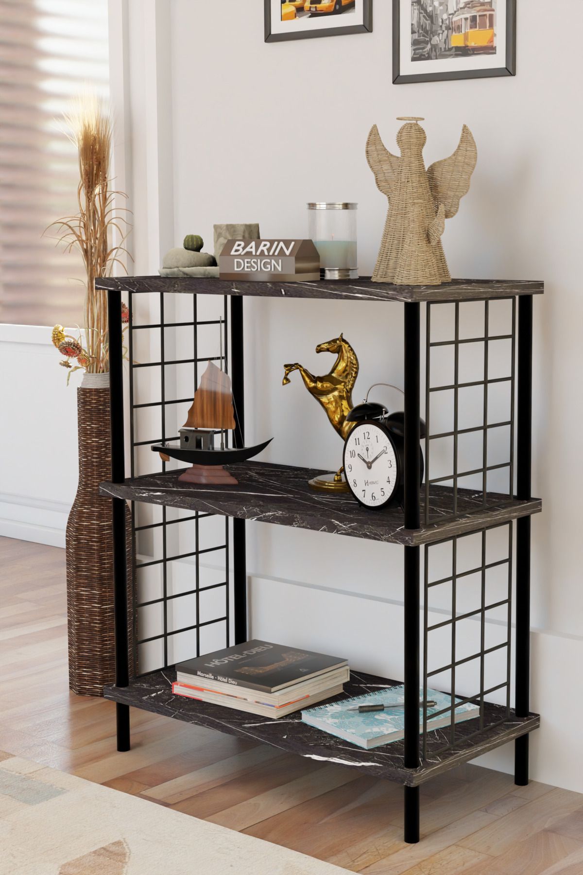 BARIN DESIGN 3 Katlı Çevir Kur Dekoratif Salon Rafı Tel Yan Panelli Açık Kitaplık, Biblo ve Aksesuar Düzenleyici