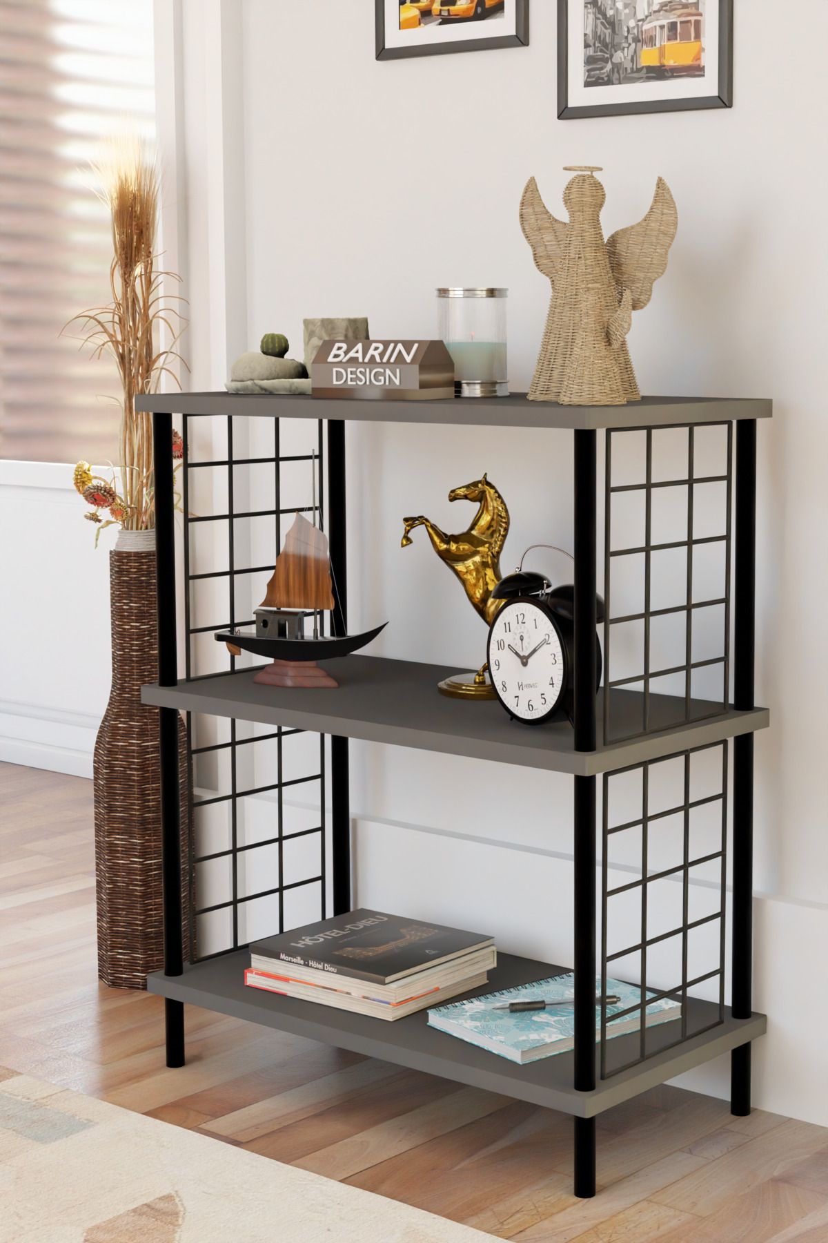BARIN DESIGN 3 Katlı Çevir Kur Dekoratif Salon Rafı Tel Yan Panelli Açık Kitaplık, Biblo ve Aksesuar Düzenleyici