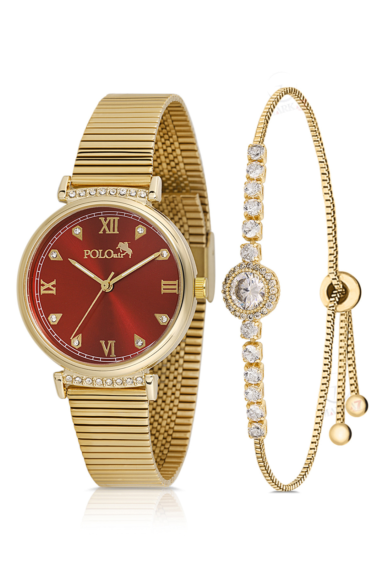 Polo Air Klasik Kadın Kol Saati Zirkon Taşlı Yuvarlak Bileklik Kombin Gold Kırmızı Renk PL-1554B8
