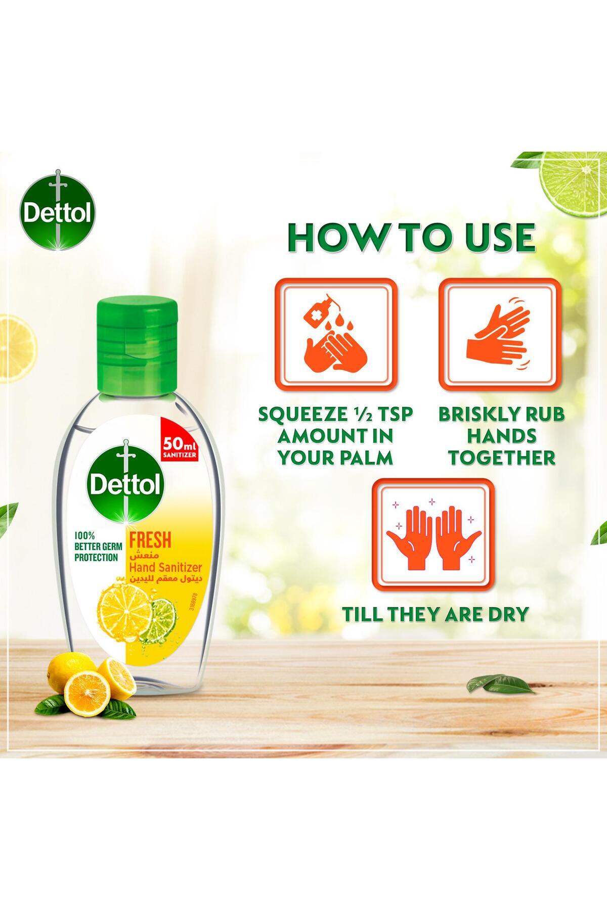 Dettol-Fresh Anti-bacterial Instant Hand Sanitizer 50 ml Kills 99.9% Germs, Quick-dry Formula, 3