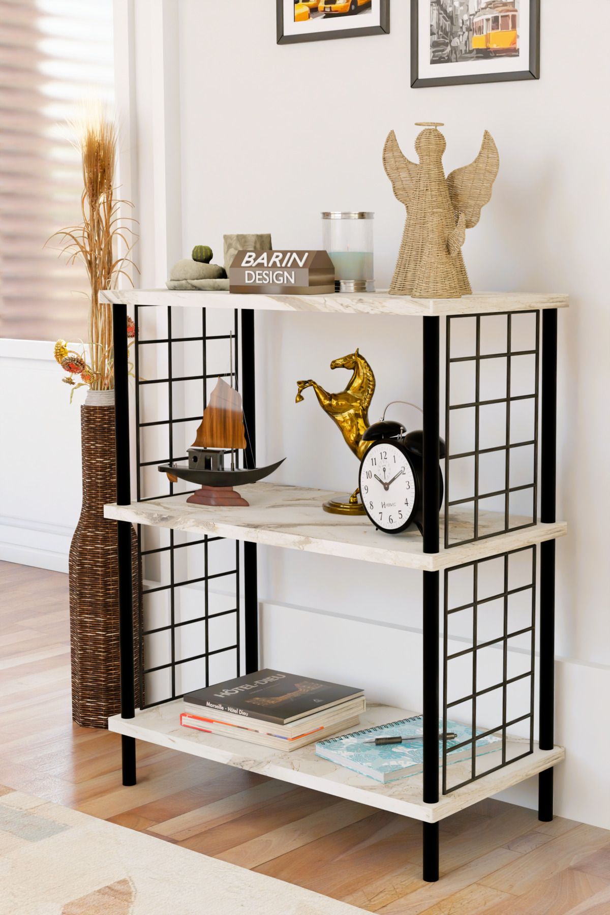 BARIN DESIGN 3 Katlı Çevir Kur Dekoratif Salon Rafı Tel Yan Panelli Açık Kitaplık, Biblo ve Aksesuar Düzenleyici