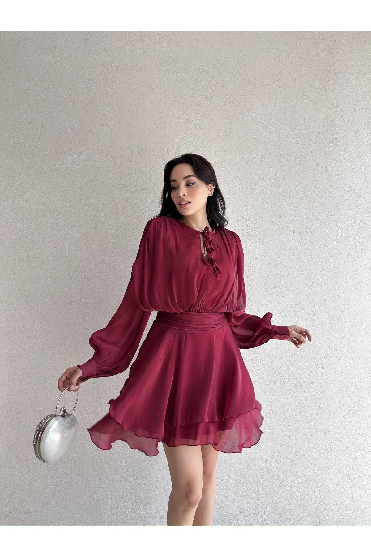 Mooi Butik REOSA Mini Elbise 5463 - Bordo