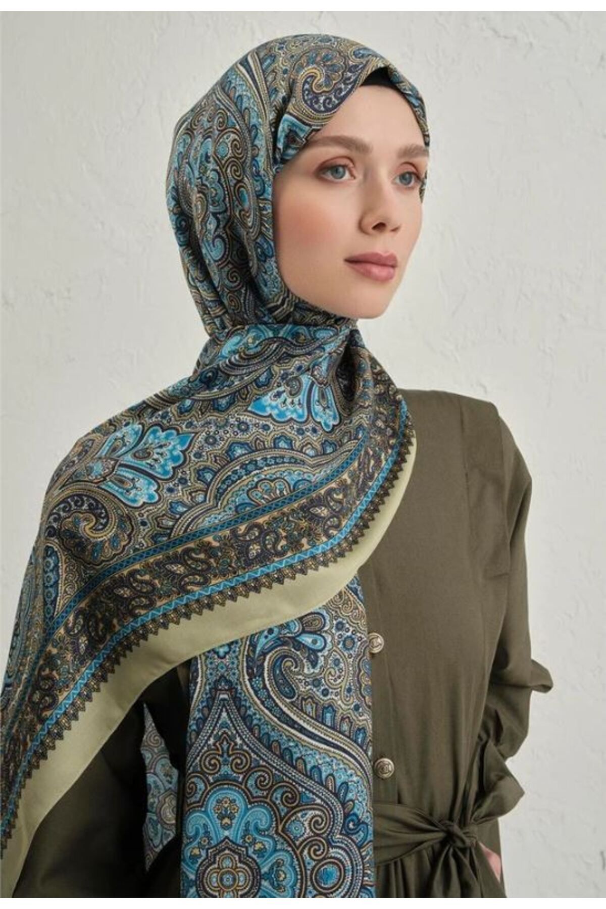 Armine Yağ Yeşili Pure Etnik Desen Şal-3 07