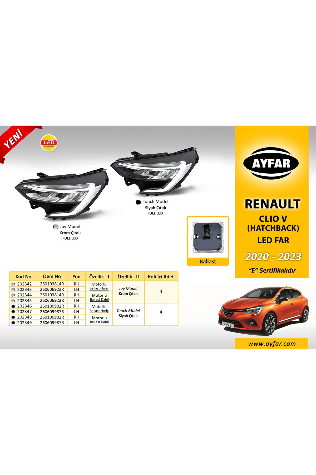 AYFAR Clio 5 Sol Ön Far 2020-2023 Siyah Çıtalı Joy Model