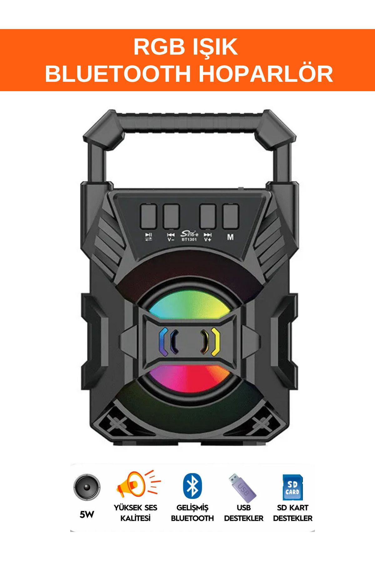 WUNİT Bluetooth Hoparlör Taşınabilir Yüksek Ses Seviyesi ve Kalitesi Extra Bass RGB Işık USB,SD Kart Giriş