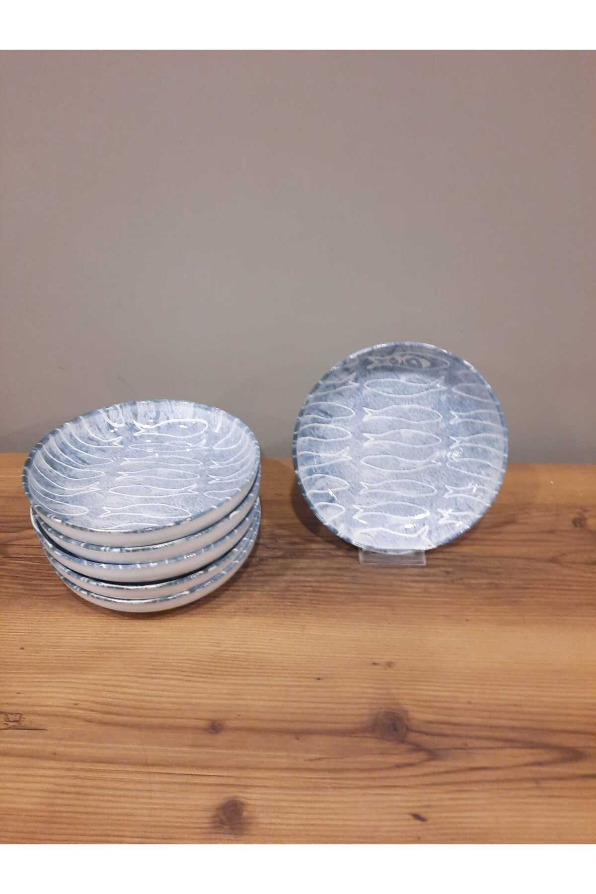 Keramika KERAMİKA YEMEK TABAĞI 21 CM 6 ADET PARLAK MAVİ BALIK DESENLİ
