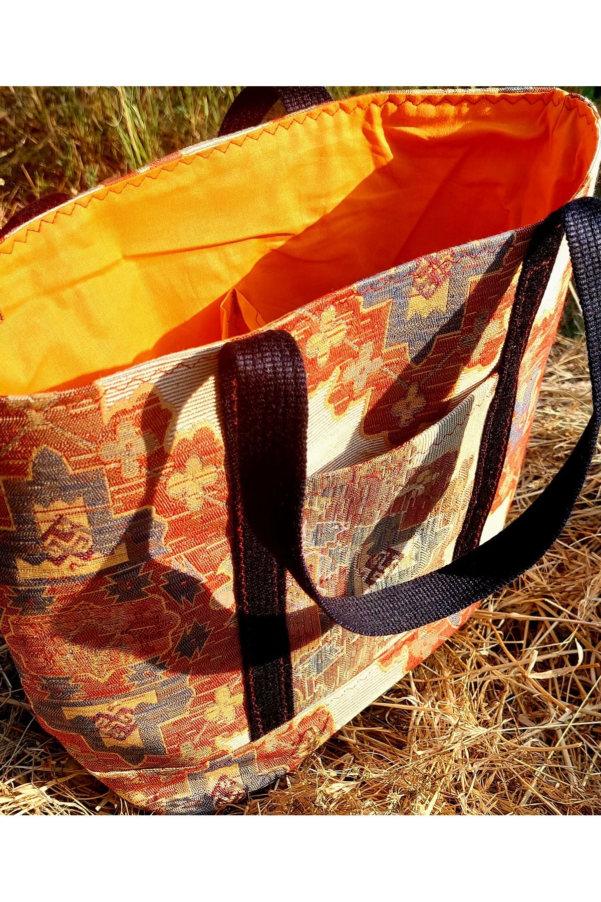 Mio Vero Vintage Jakarlı Kilim Desenli Kadın Omuz Çantası – Cepli, Astarlı, Orta Boy Totebag