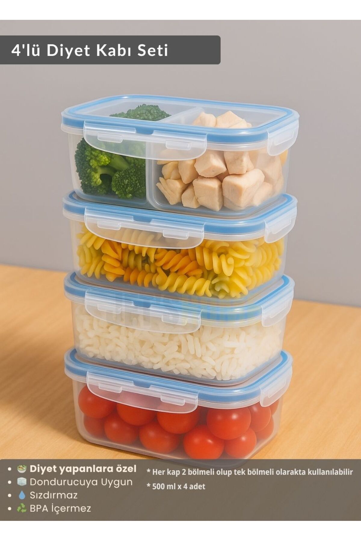 Jet's Home 4'lü Diyet Kabı Seti BPA Free Hava Almaz Saklama Kabı Çıkarılabilir Bölmeli Gıda Kutusu 500 ml