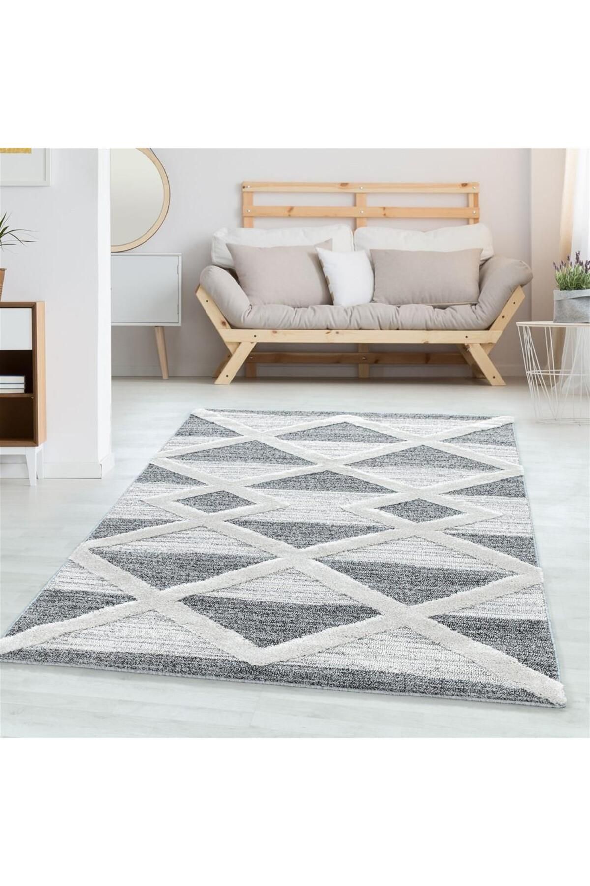 Karpetica İskandinav Salon Halısı Bukle Taban kabartmalı Üçgen Desenli Gri Dokuma Halı