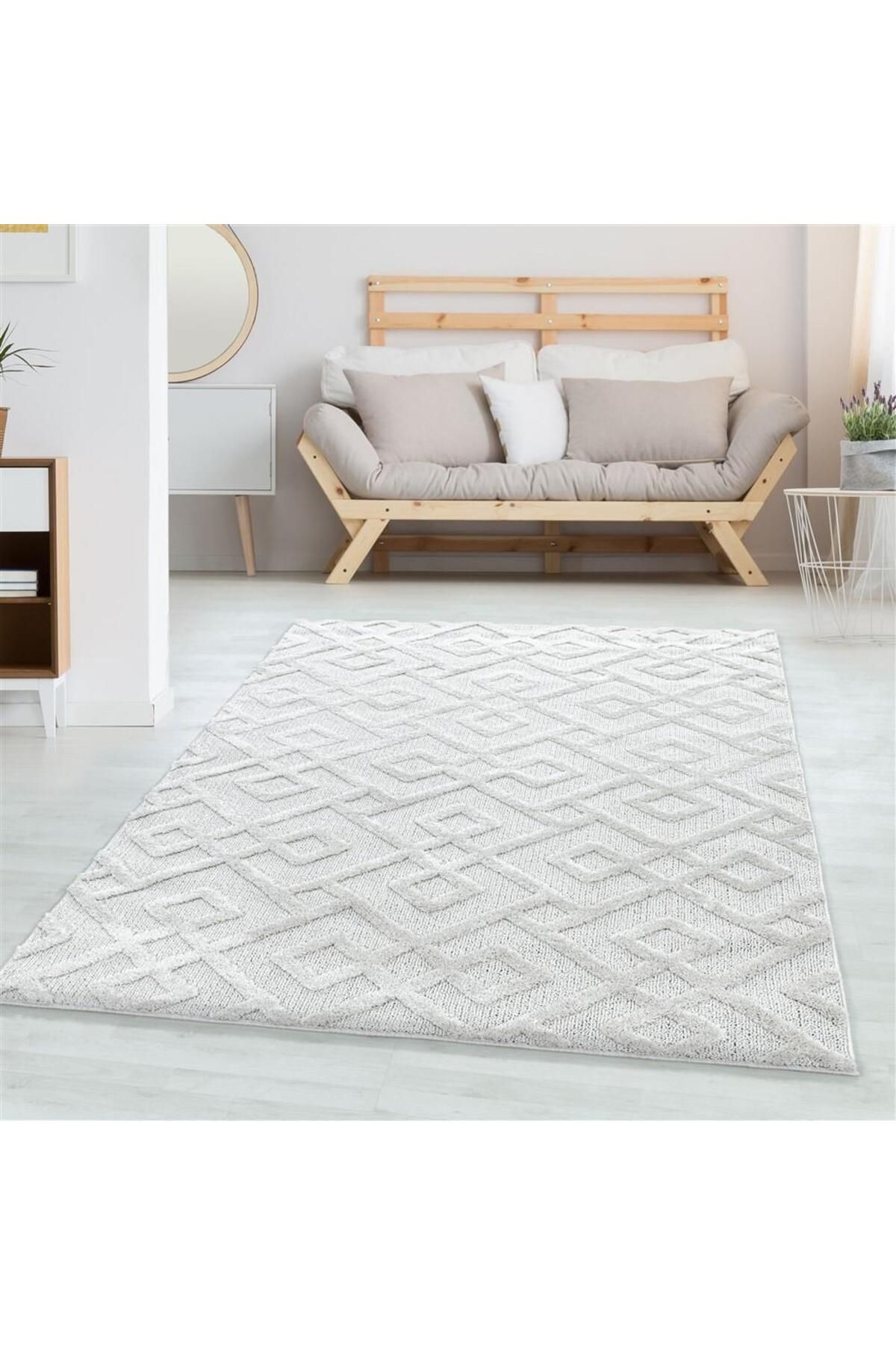 Karpetica İskandinav Salon Halısı Bukle Taban kabartmalı Labirent Kare Desenli Krem Dokuma Halı