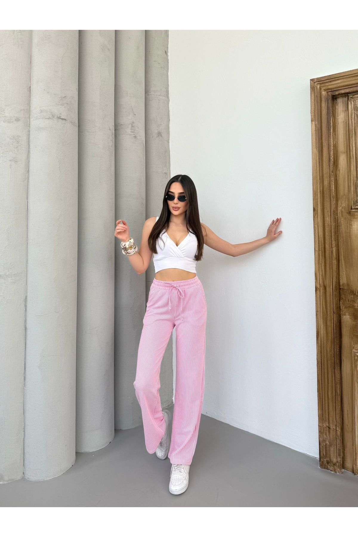 Ozy Fashion Su Yolu Çizgili Yazlık Pembe Pantolon