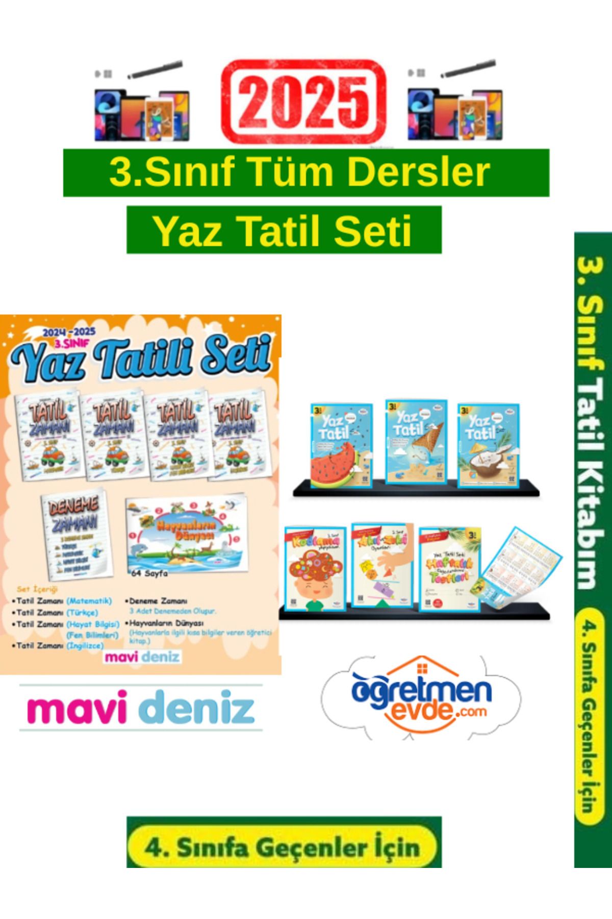 Ens Yayıncılık MaviDeniz 3.Sınıf Yaz Tatil Kitabı+Öğretmen Evde 3.Sınıf Yaz Tatil Seti+Android Kalem