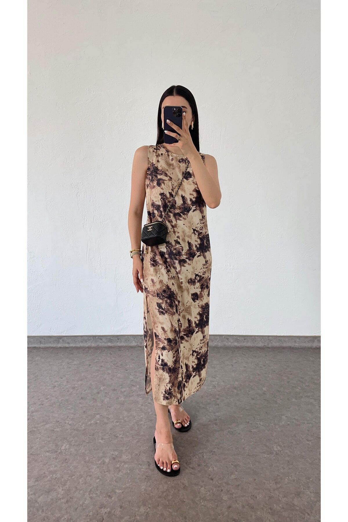 Kese Fashion Store Kahve Desenlli Yırtmaçlı Uzun Elbise