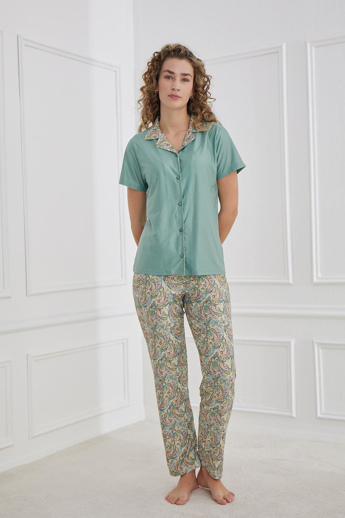 Kompedan Kadın Polo Yaka Şal Desenli Önden Düğmeli Pijama Takımı | Mint 30101-1278