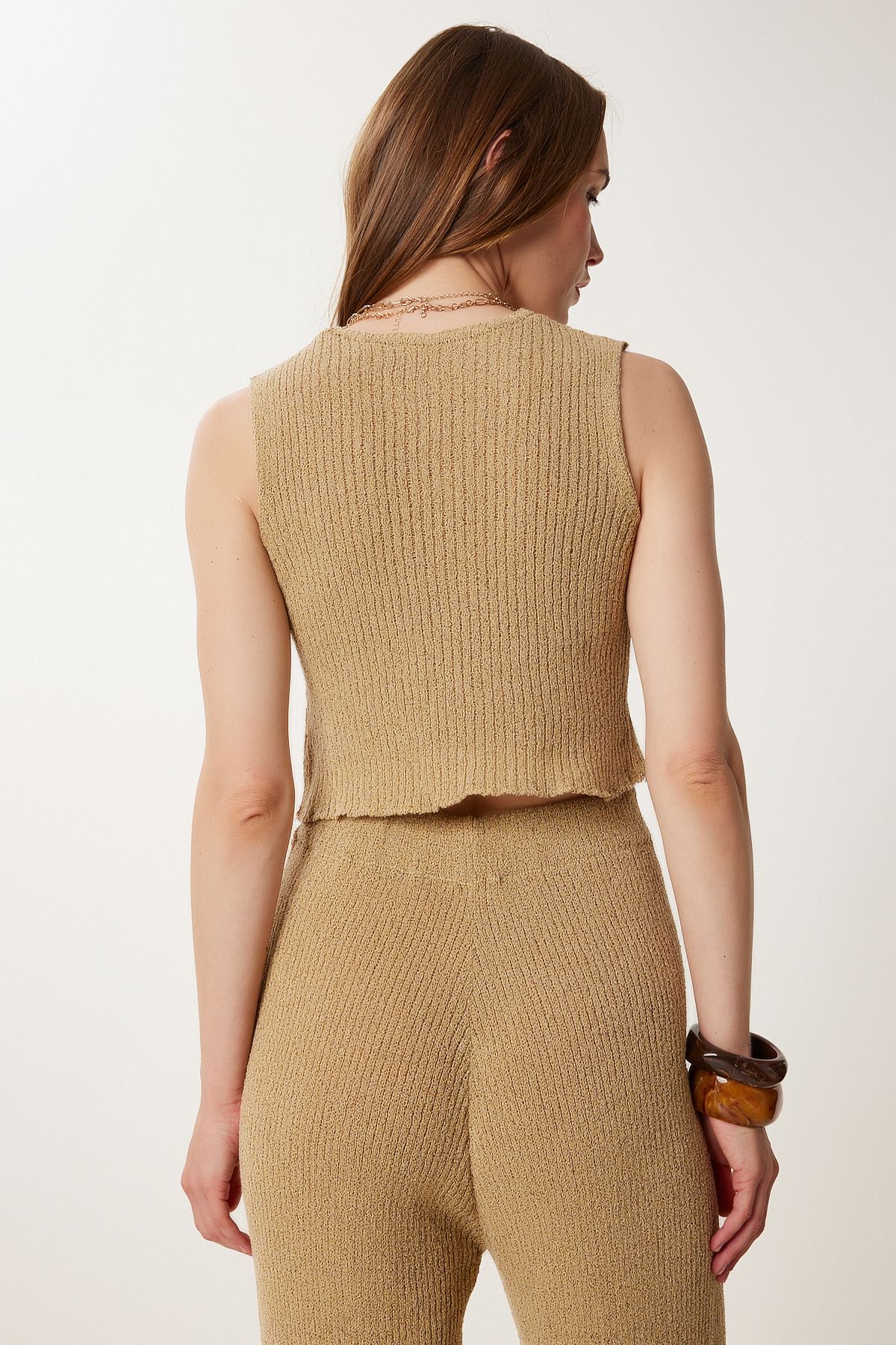 Happiness İstanbul-Women's Beige Stylish Buttoned Flexible Knitwear Vest Trousers Set Mt00159 5
