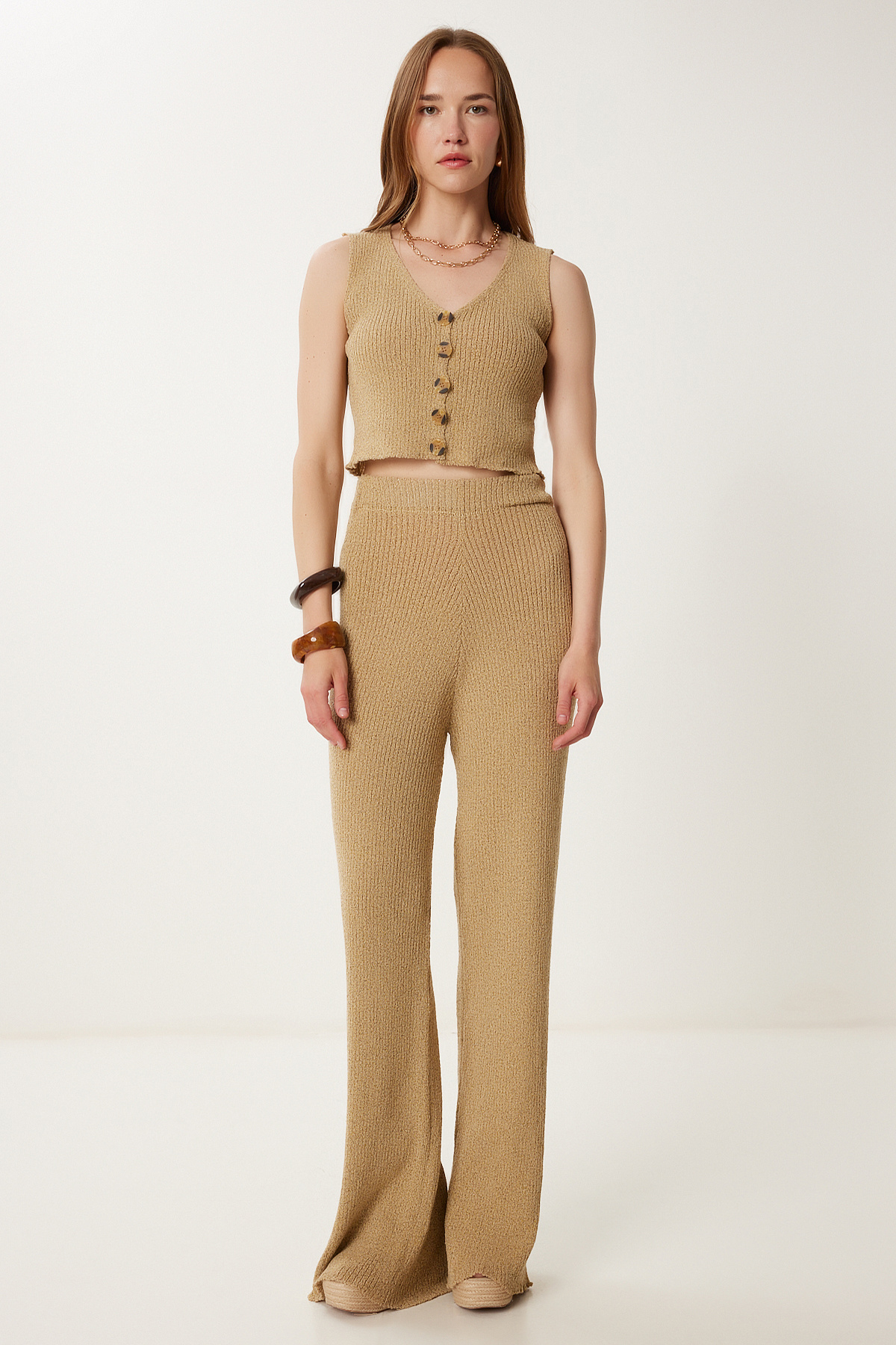 Happiness İstanbul-Women's Beige Stylish Buttoned Flexible Knitwear Vest Trousers Set Mt00159 1