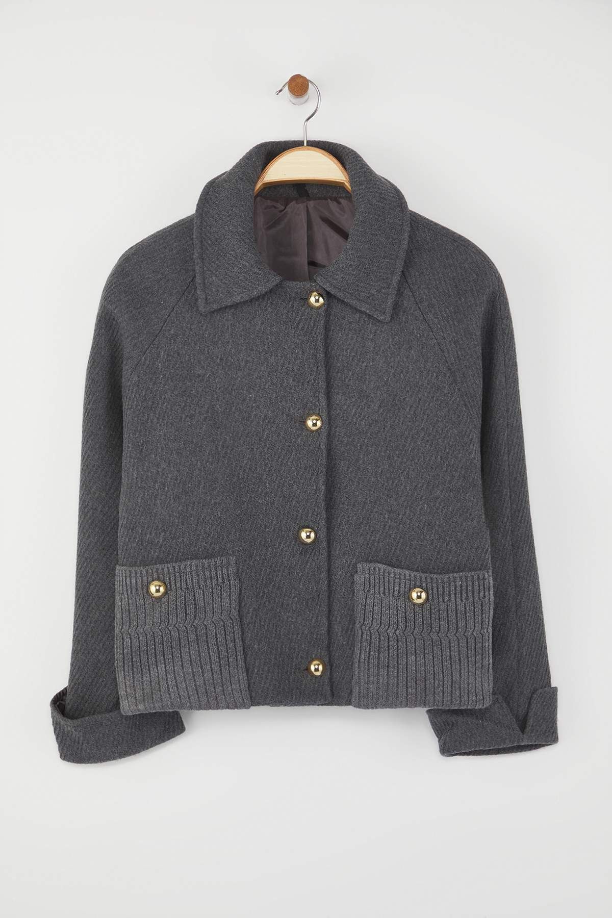 Trendyol Collection-Gray Regular Fit Cashmere Knitwear Pocket Detailed Slim Jacket Coat Twoaw26Mo00113 4