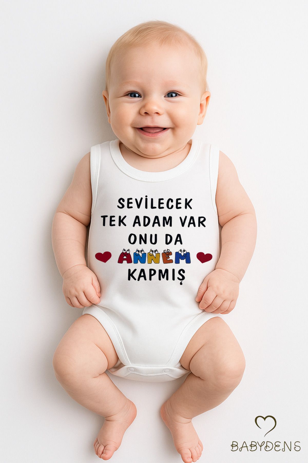 BABYDEN'S Sevilecek Tek Adamı Annem Kapmış Yazılı Kolsuz %100 Pamuk Body Eğlenceli Çıtçıtlı Yazlık Bebek Zıbın