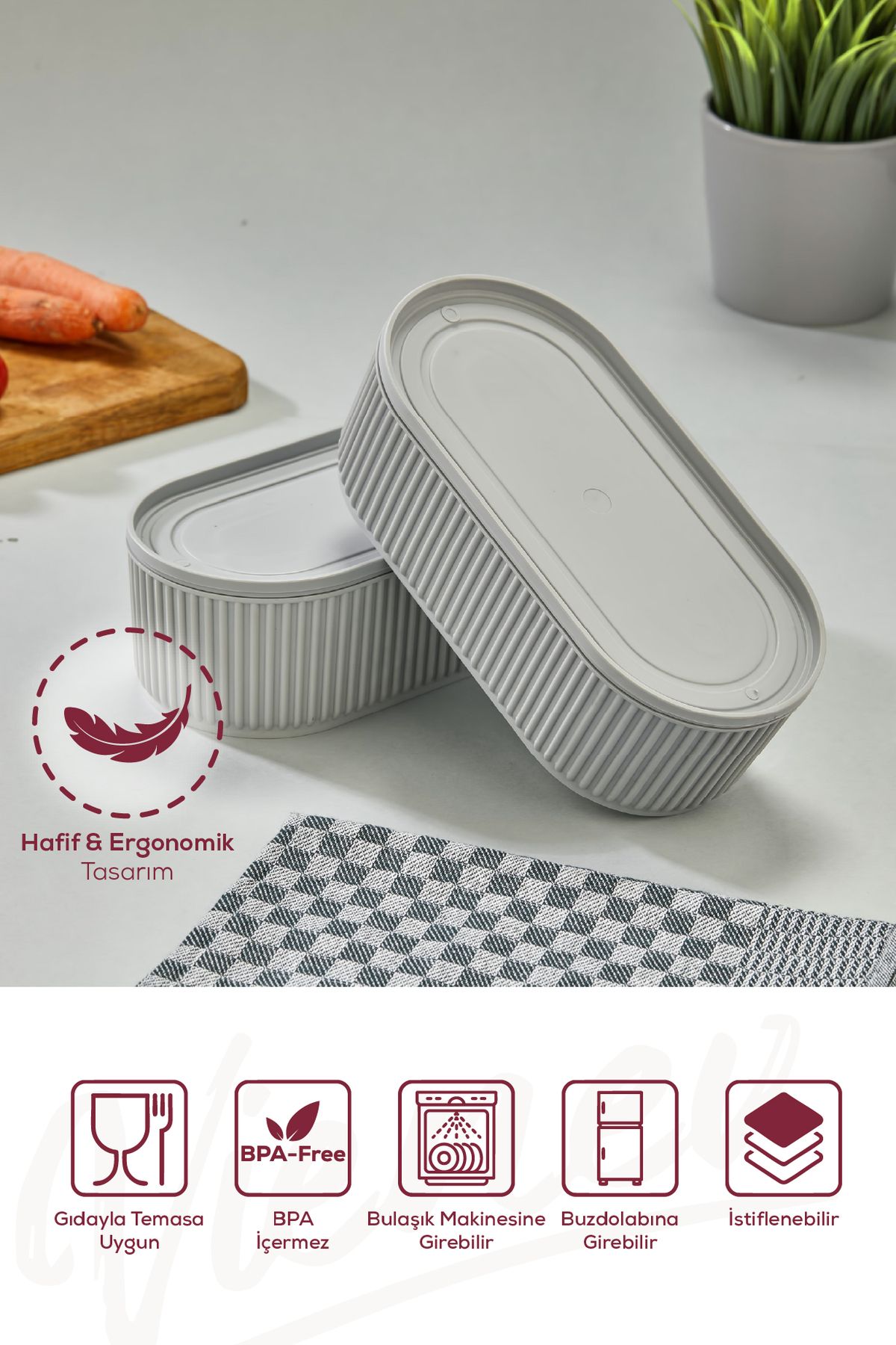 Vienev-Set of 3 Grey Storage Containers - Elastic Band, Stackable, Practical 2X(1100 ml) 1X(2600 ml) 3