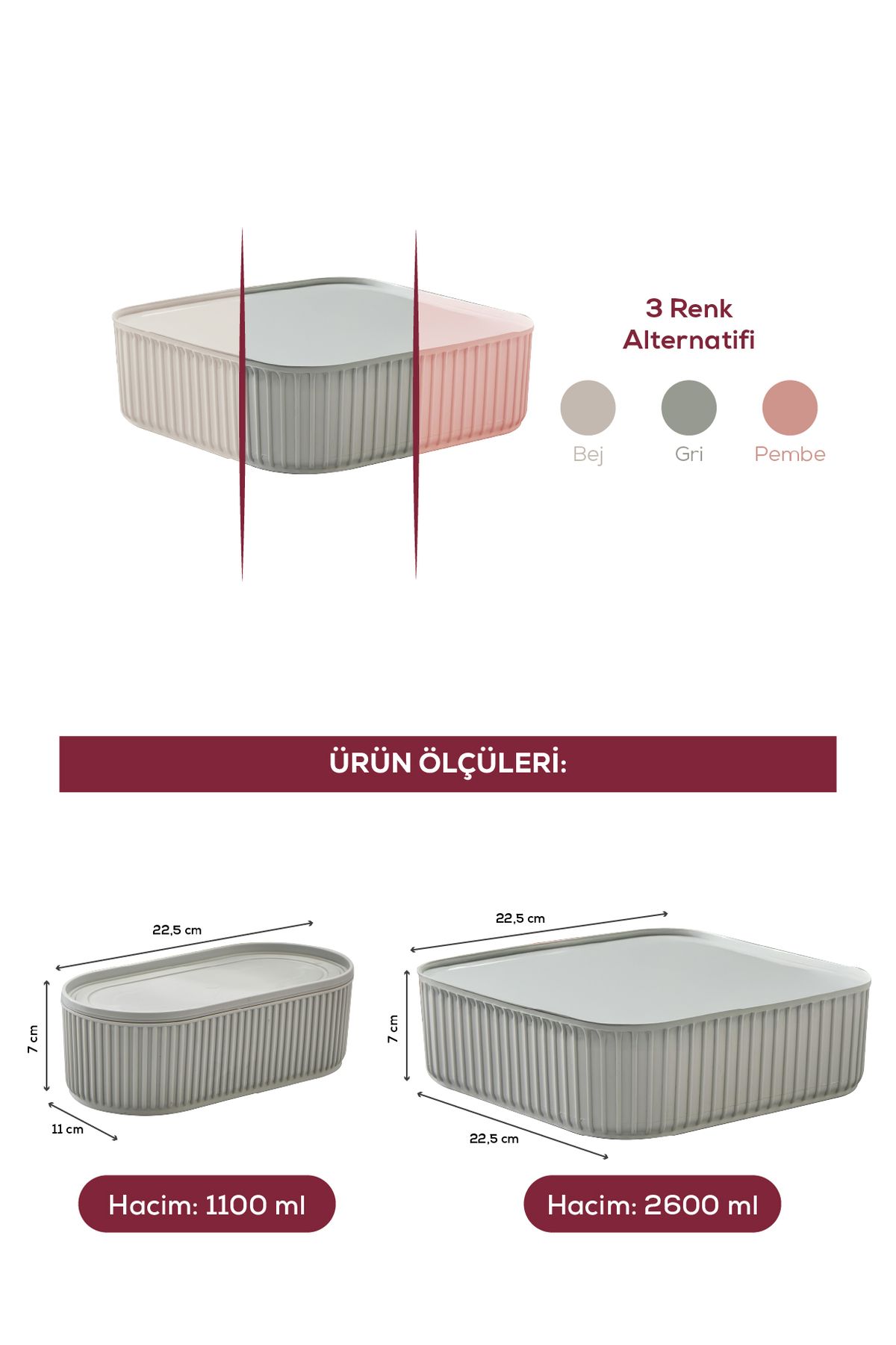 Vienev-Set of 3 Grey Storage Containers - Elastic Band, Stackable, Practical 2X(1100 ml) 1X(2600 ml) 4