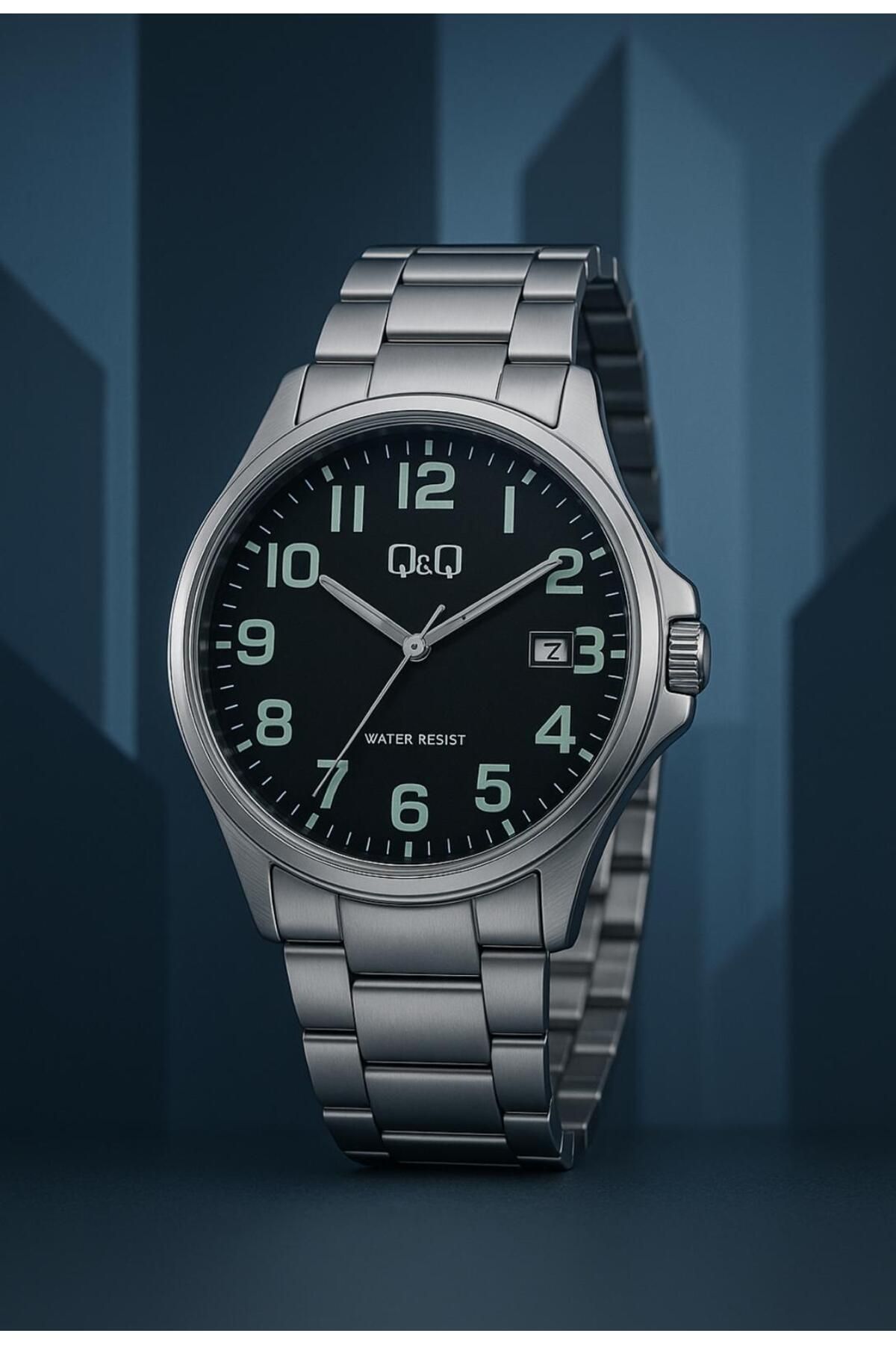 Q&Q-Men's Silver Numerals Black Dial Analog Watch with Date Display 4