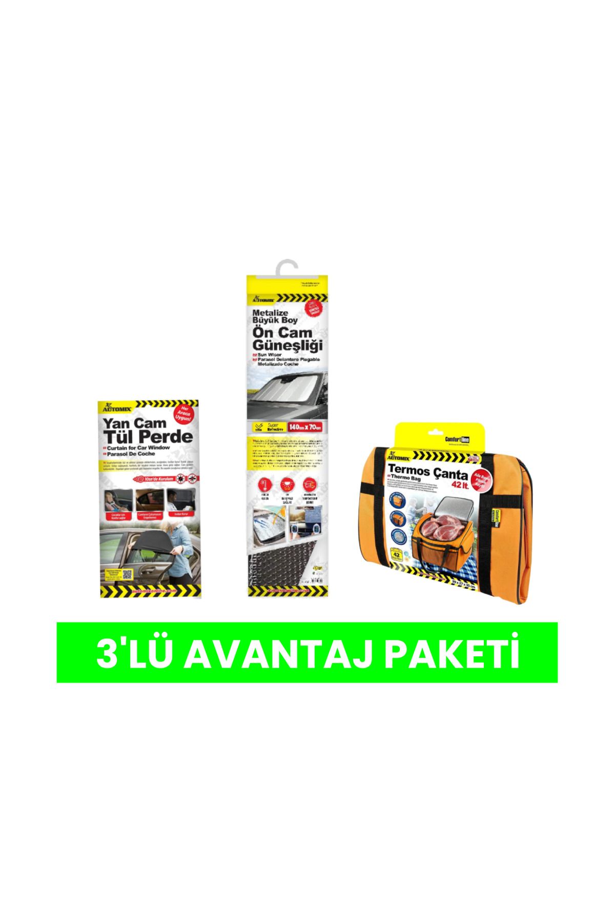 Automix Güneşlik + Yan Cam Güneşlik Perde + Termos Çanta 3’lü Bayram Yolculuk Paketi
