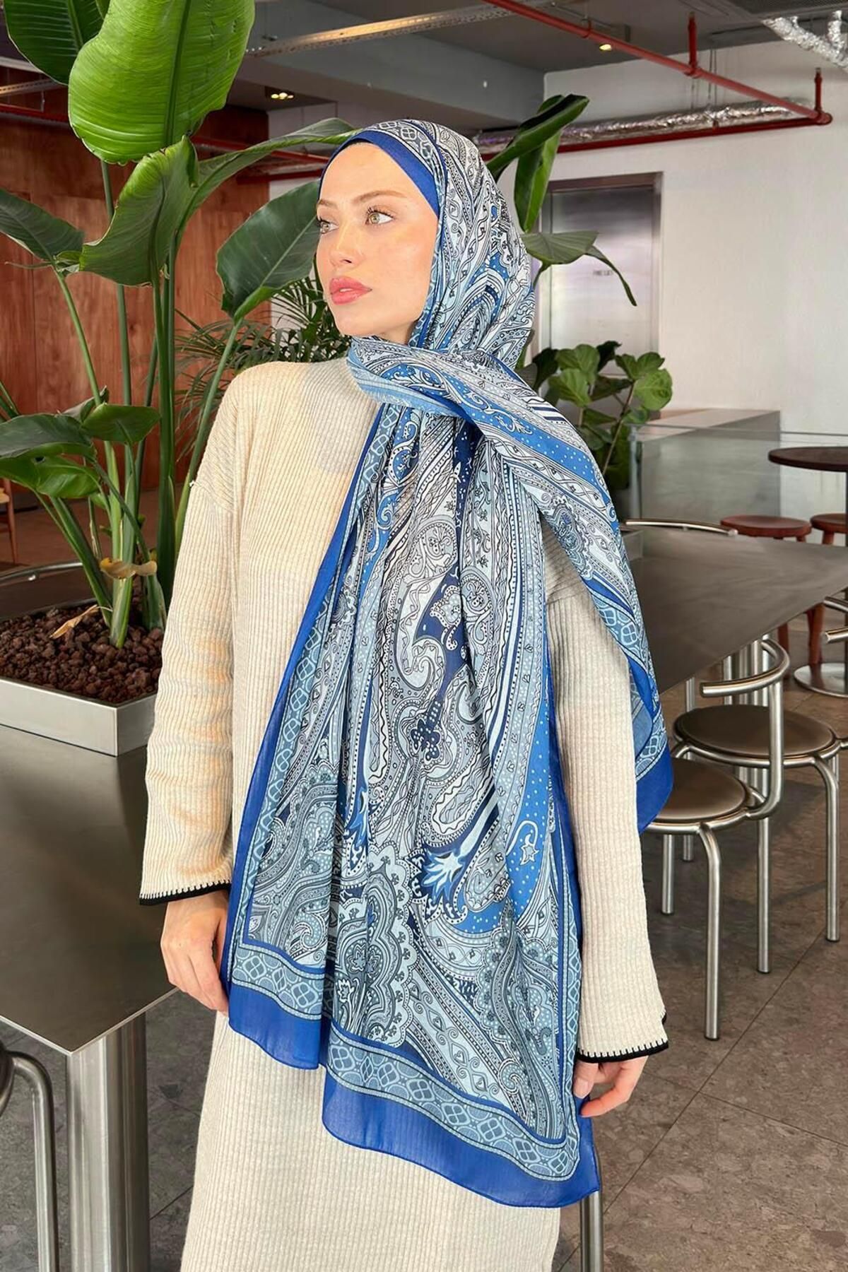 lamelif.com-Retro Pattern Cotton Shawl Blue 3